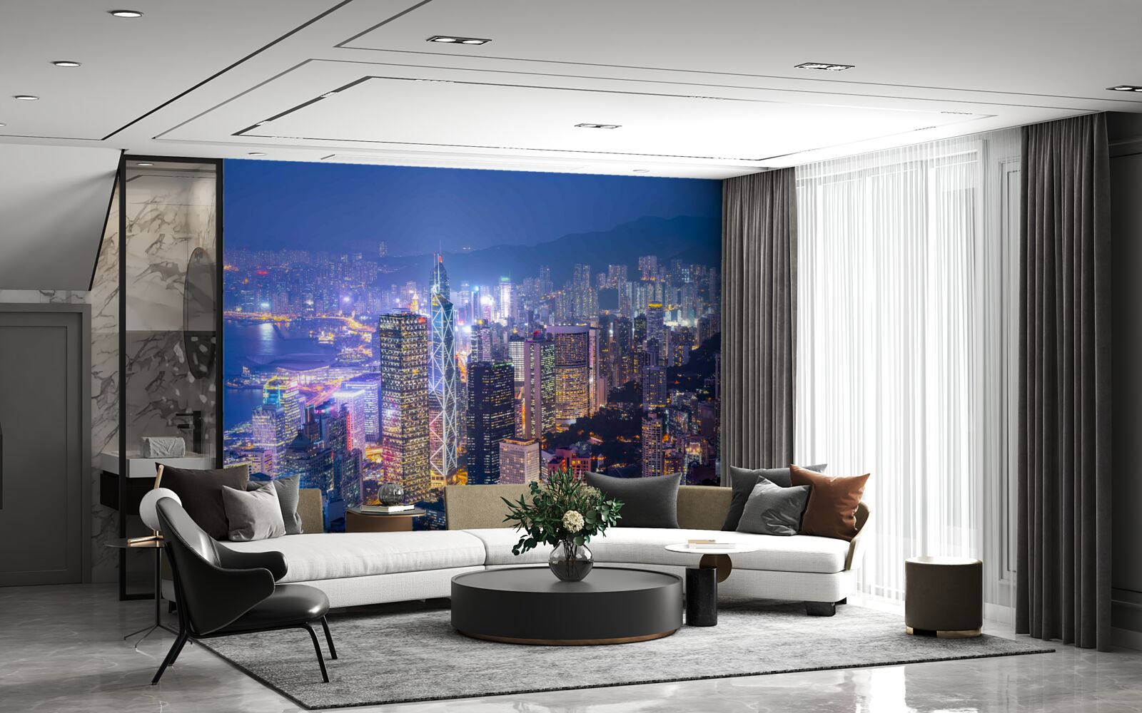 Fototapeta panoramiczny widok na hongkong nocą z wieży obserwacyjnej