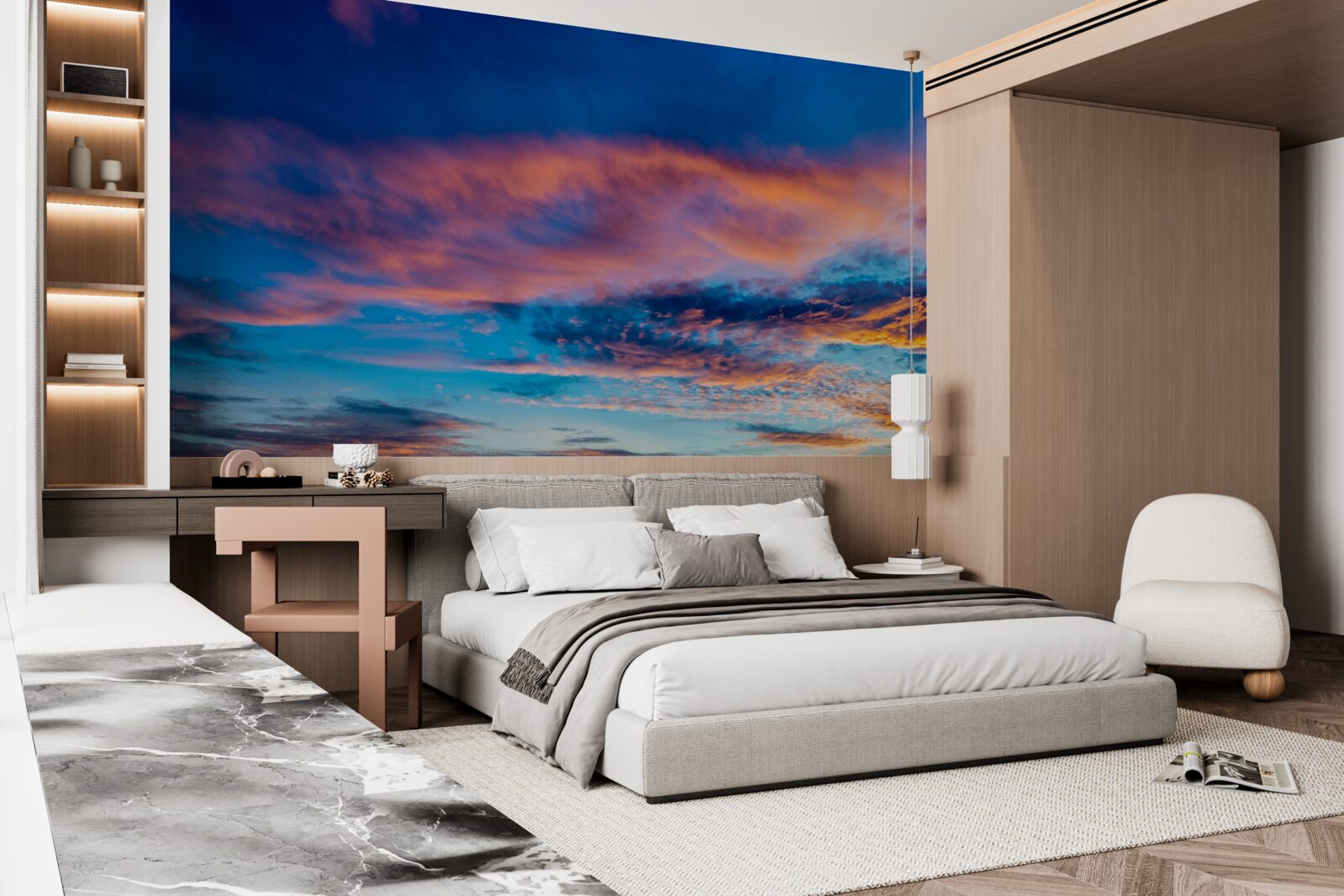 Fototapeta chmury o zachodzie słońca, rzucone przez wiatr