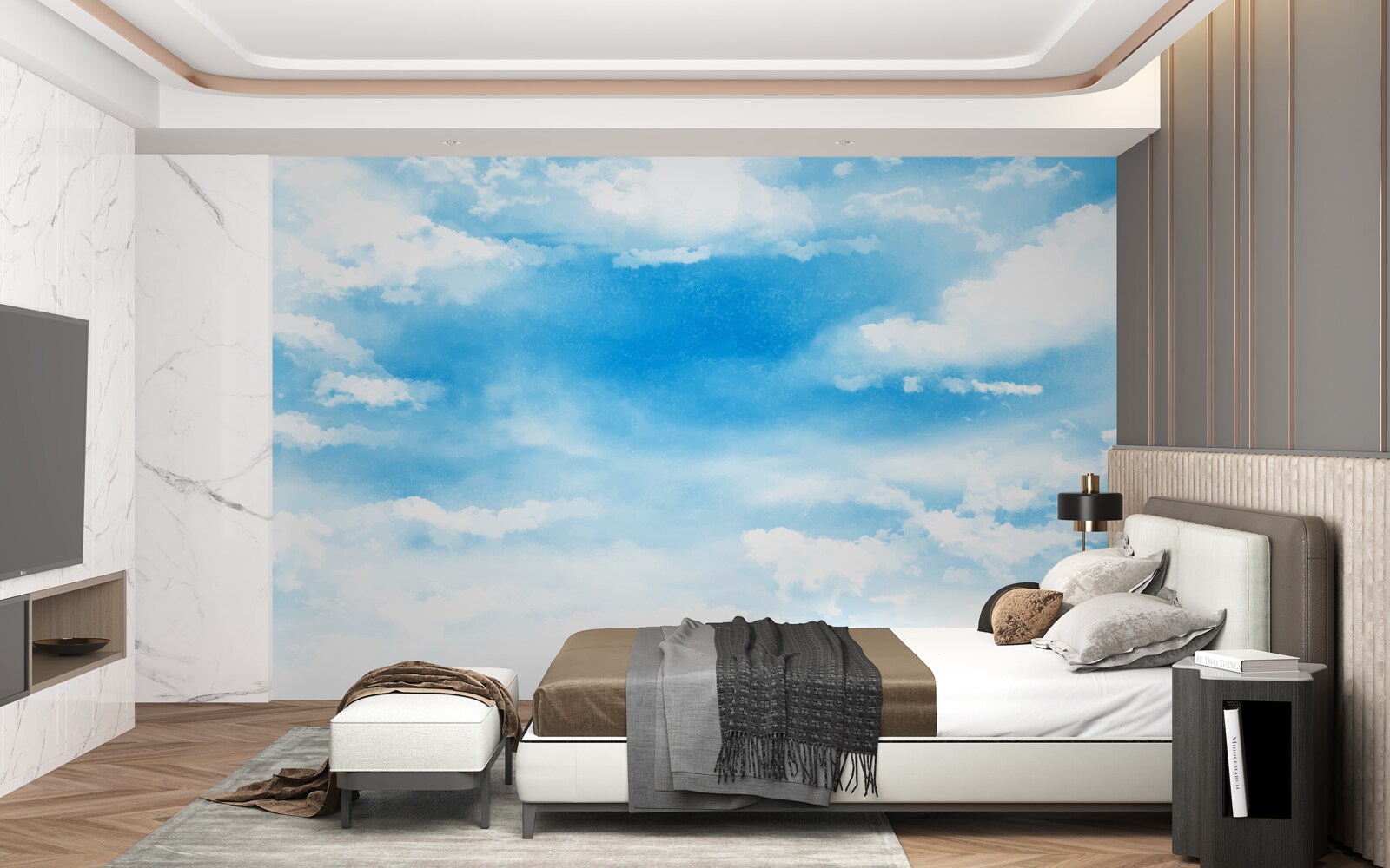 Fototapeta błękitne niebo ozdobione jest białymi chmurami