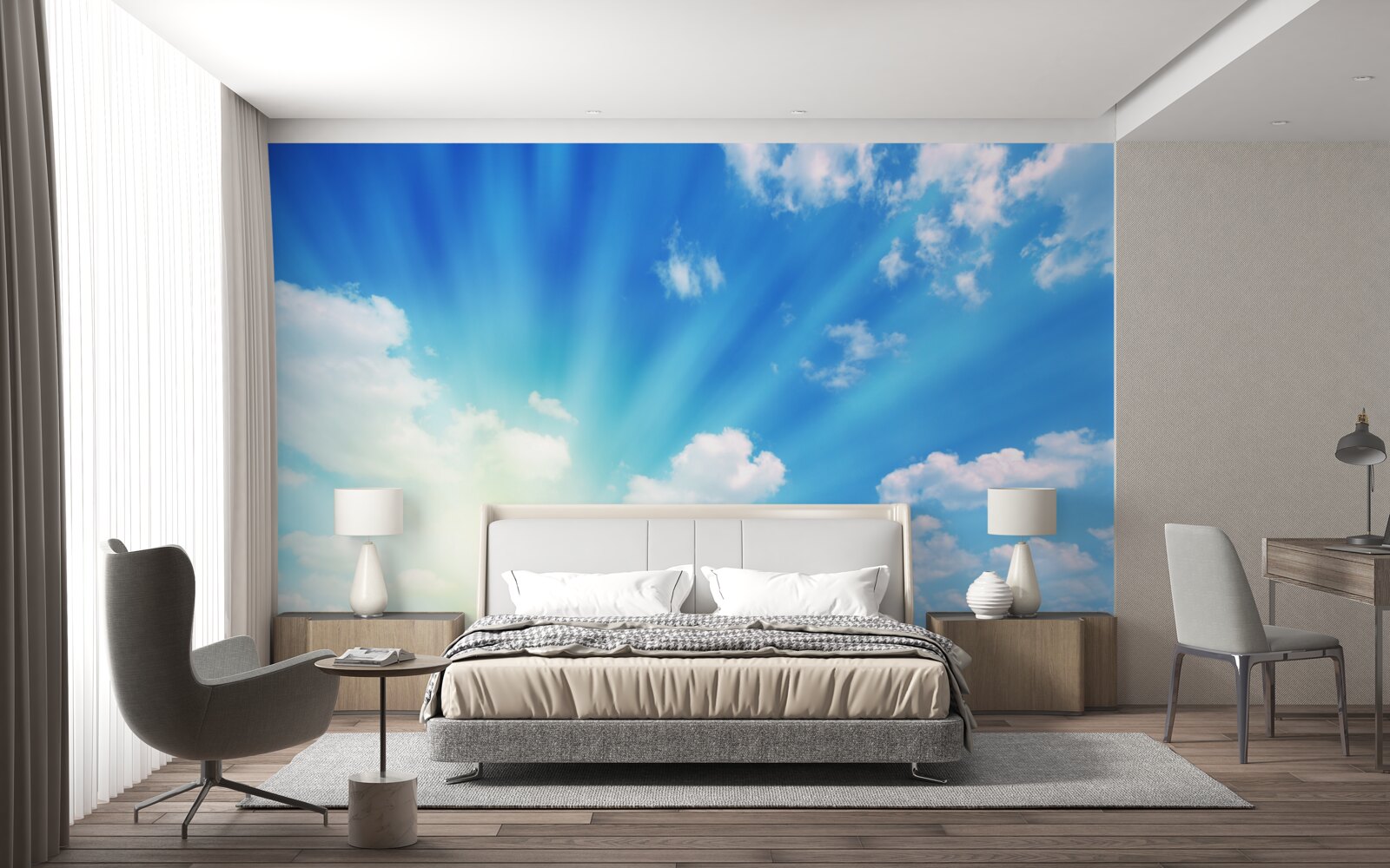 Fototapeta jasne promienie słońca błyszczą na błękitnym niebie