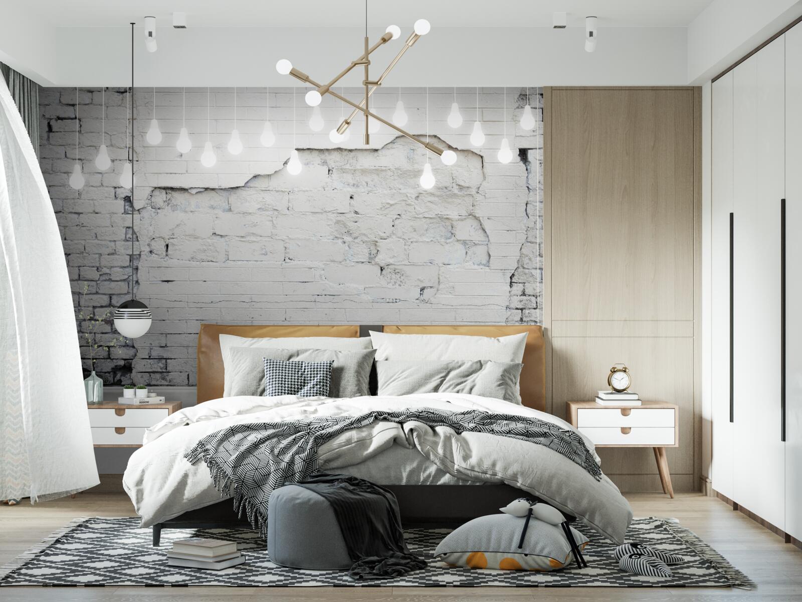 Fototapeta biały mur z cegieł i żarówki na nim