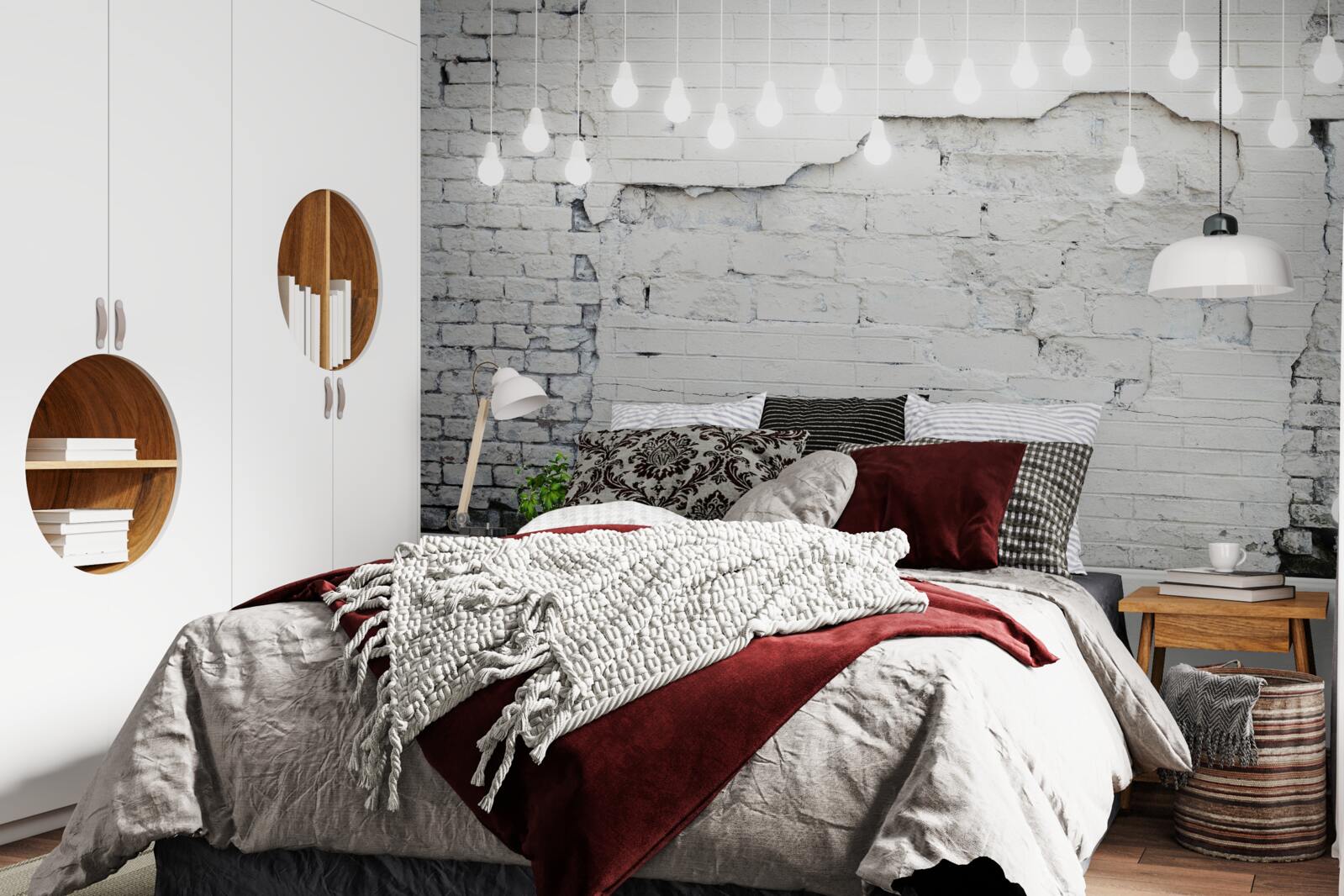 Fototapeta biały mur z cegieł i żarówki na nim