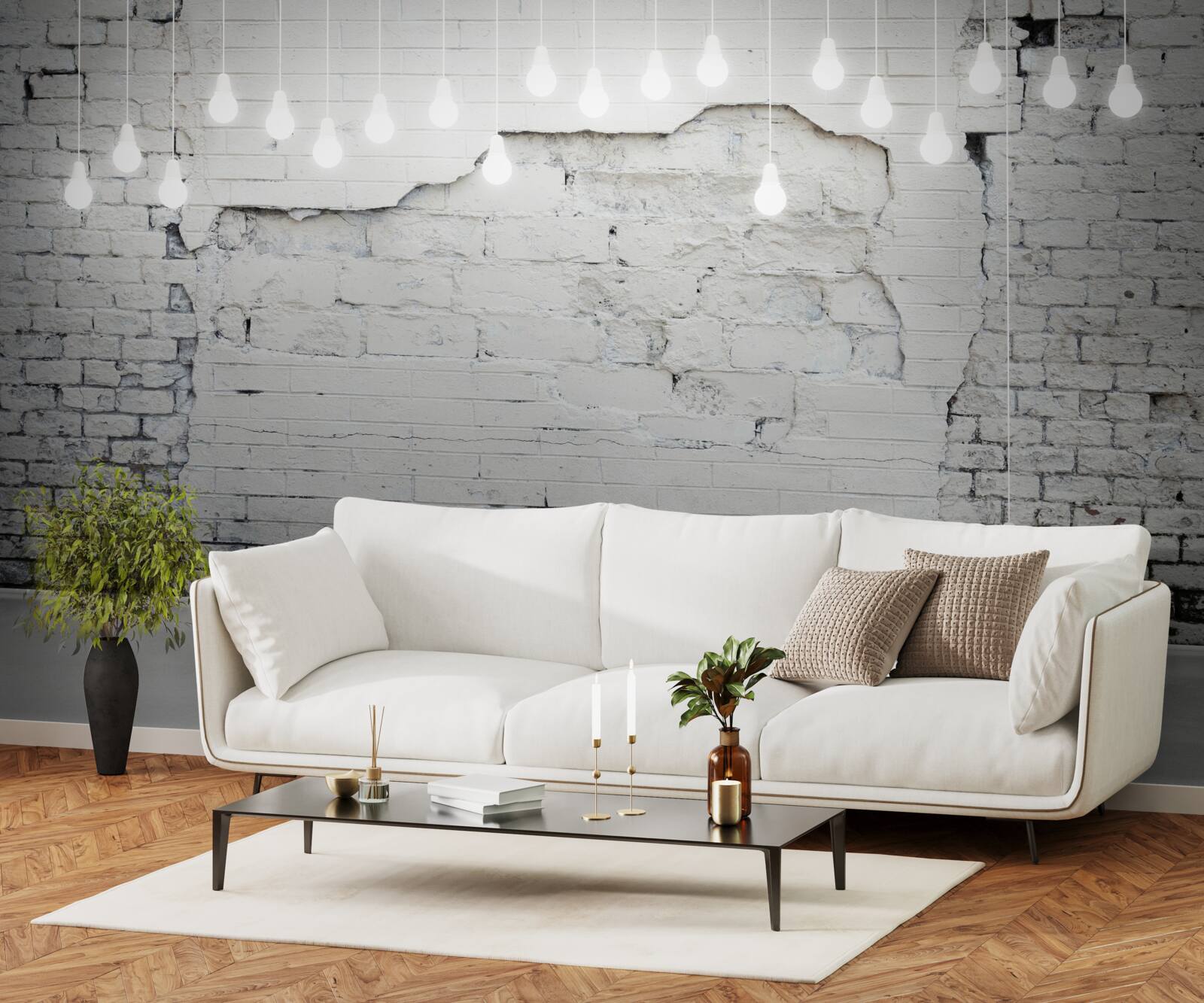 Fototapeta biały mur z cegieł i żarówki na nim