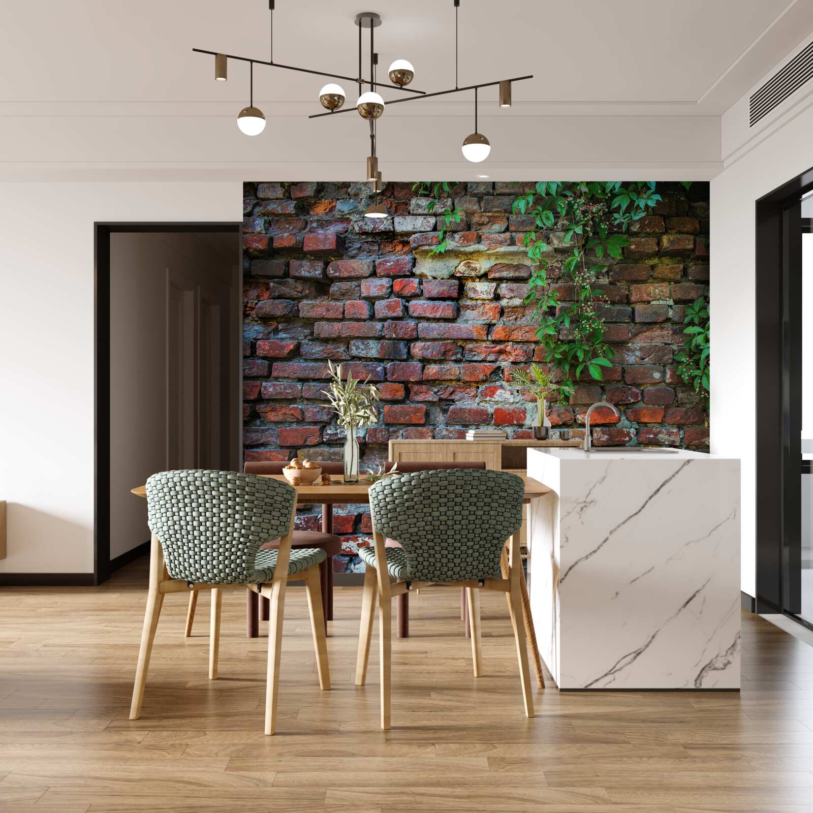 Fototapeta stary ceglany mur ozdobiony jest zielenią