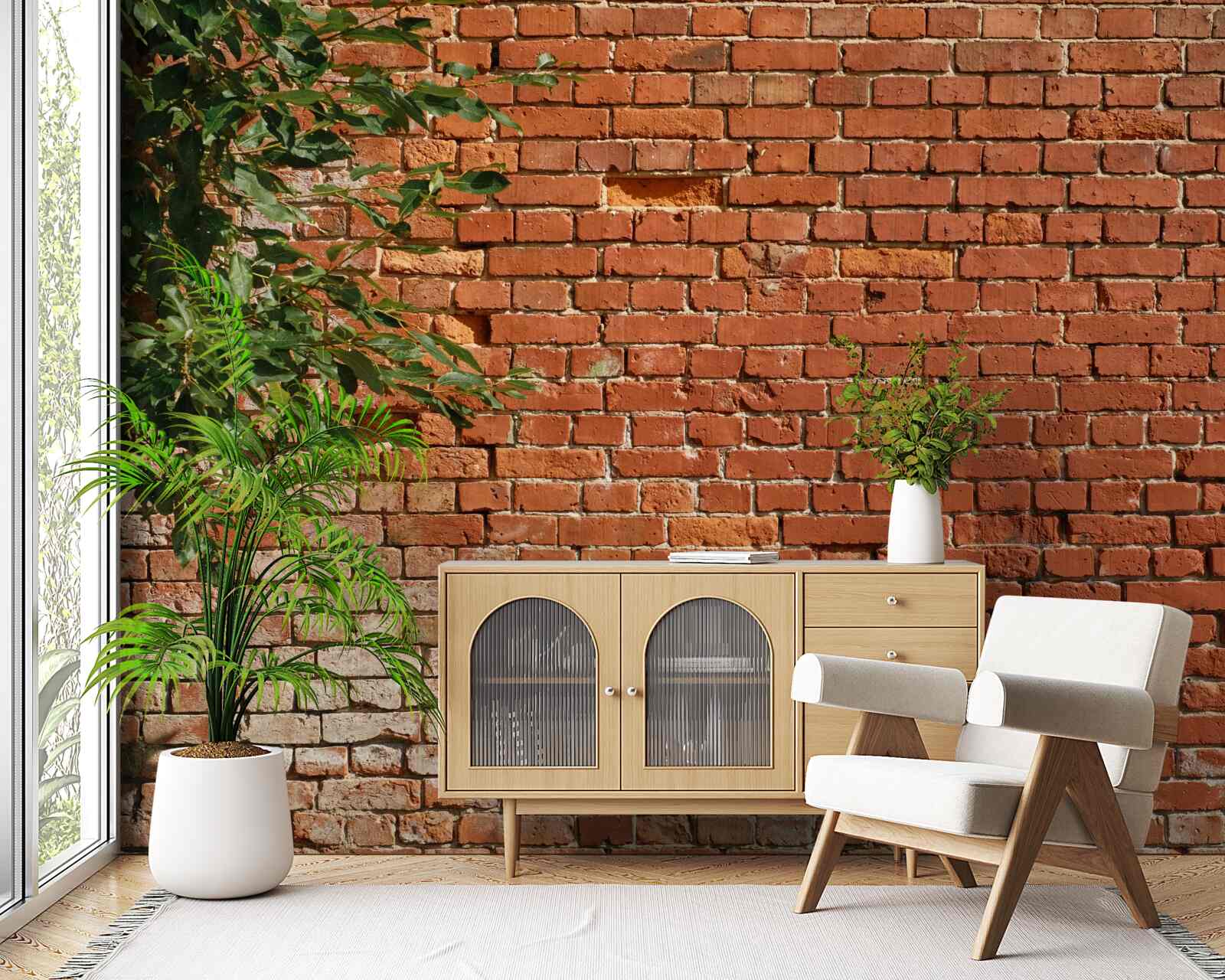 Fototapeta drewniana gałąź obok ceglanej bariery