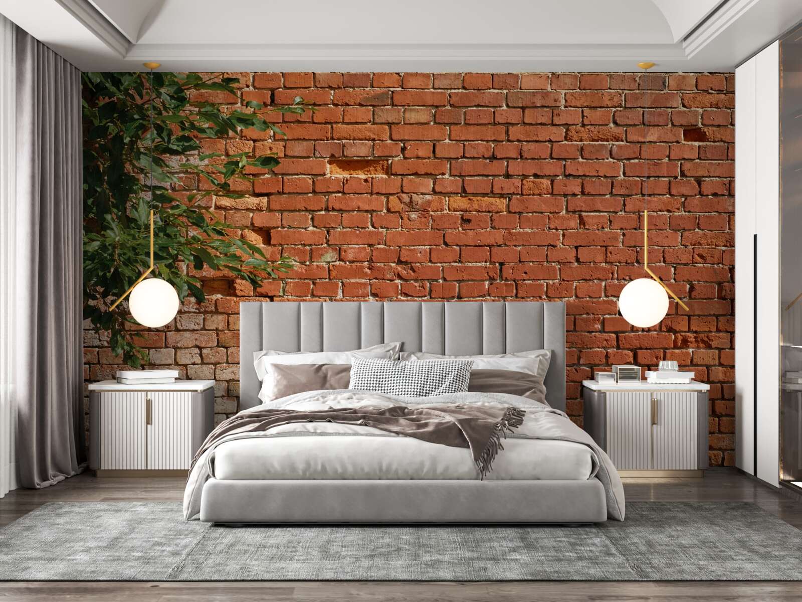 Fototapeta drewniana gałąź obok ceglanej bariery