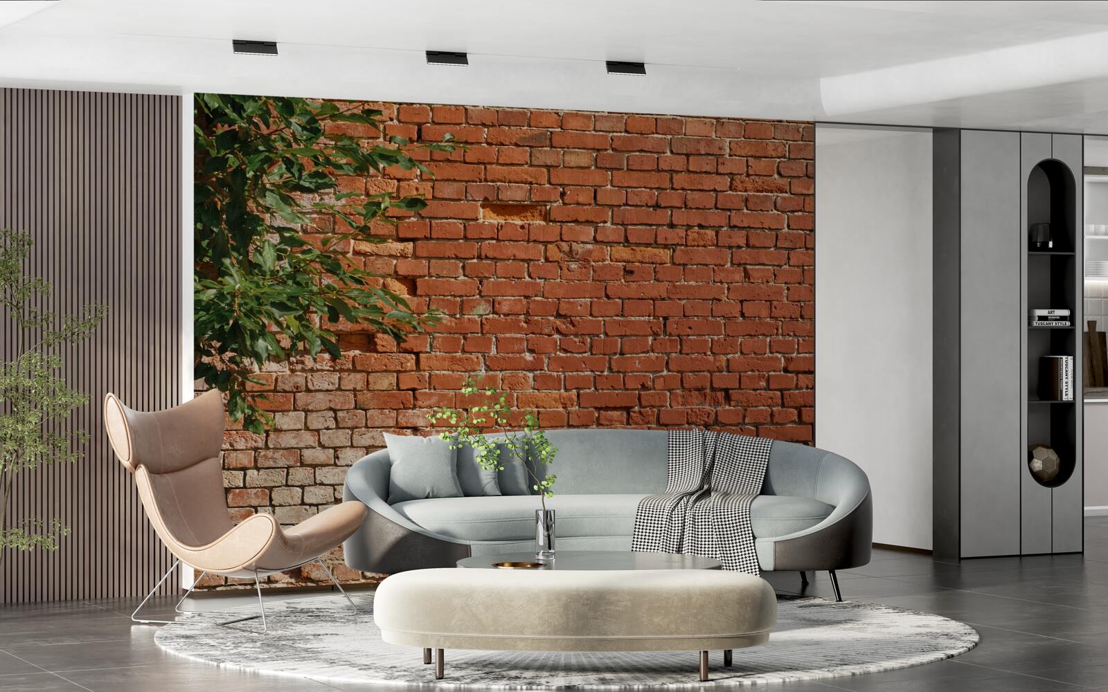 Fototapeta drewniana gałąź obok ceglanej bariery