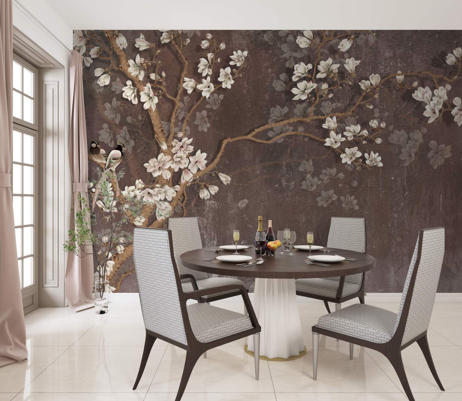 Fototapeta dwa ptasie stworzenia na drzewie zwieńczonym kwiatami