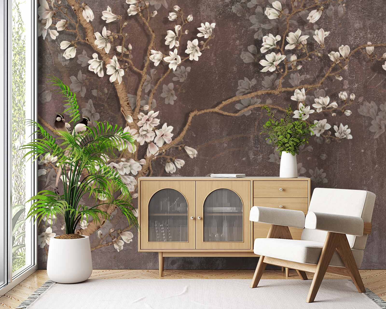 Fototapeta dwa ptasie stworzenia na drzewie zwieńczonym kwiatami