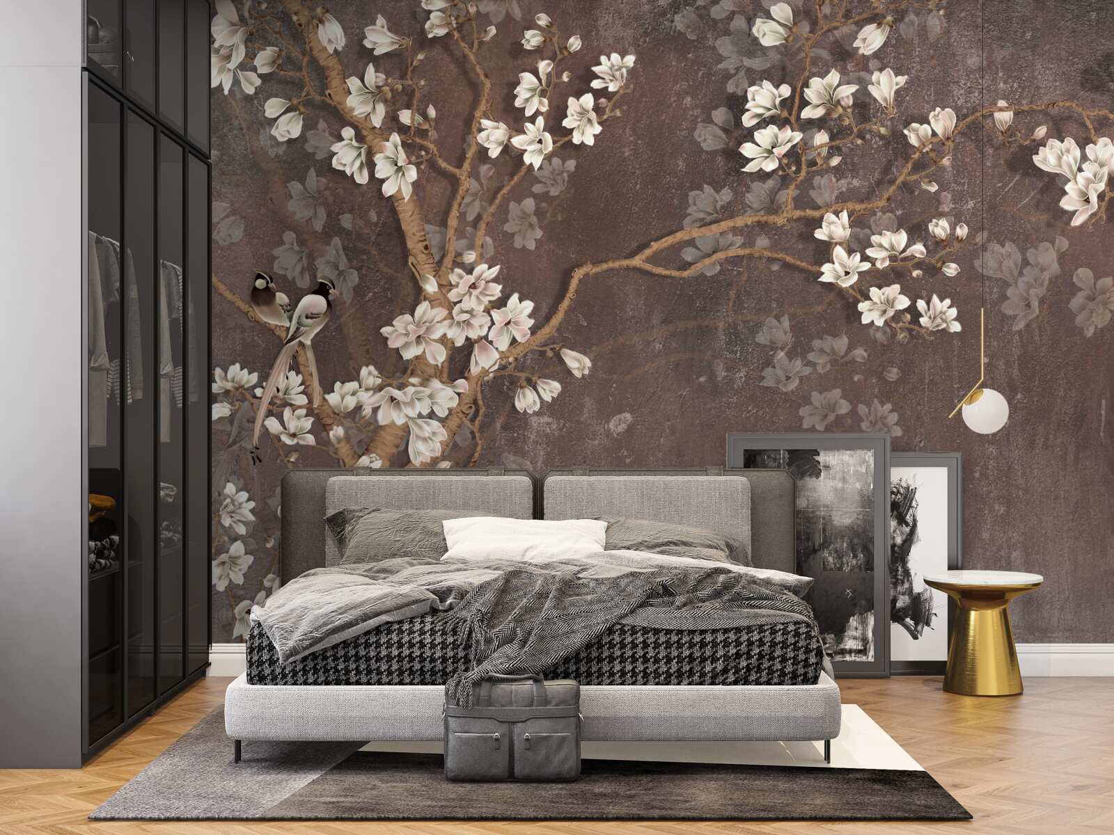 Fototapeta dwa ptasie stworzenia na drzewie zwieńczonym kwiatami