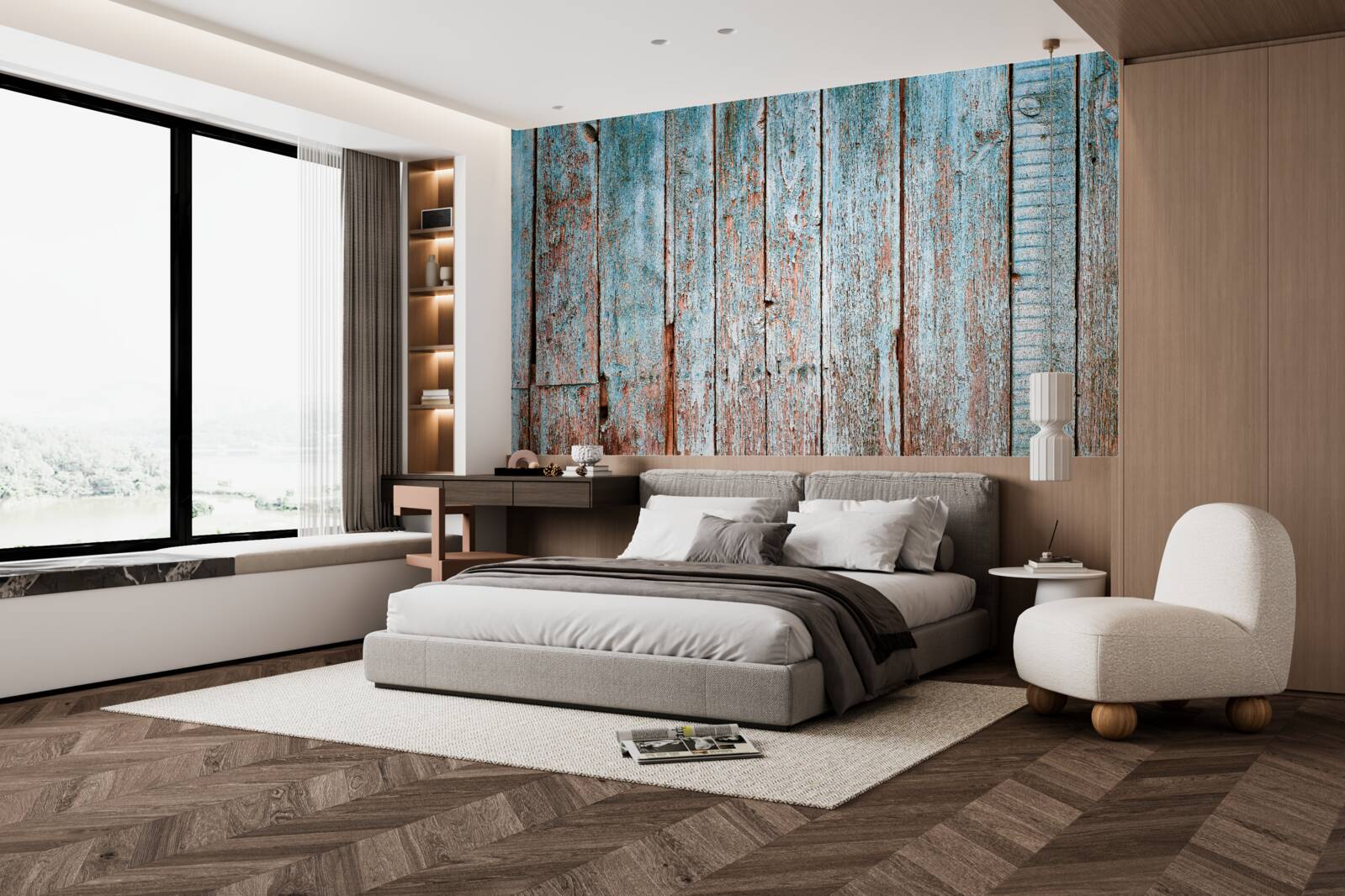 Fototapeta tło wykonane ze starych belek w odcieniach szarości i błękitu