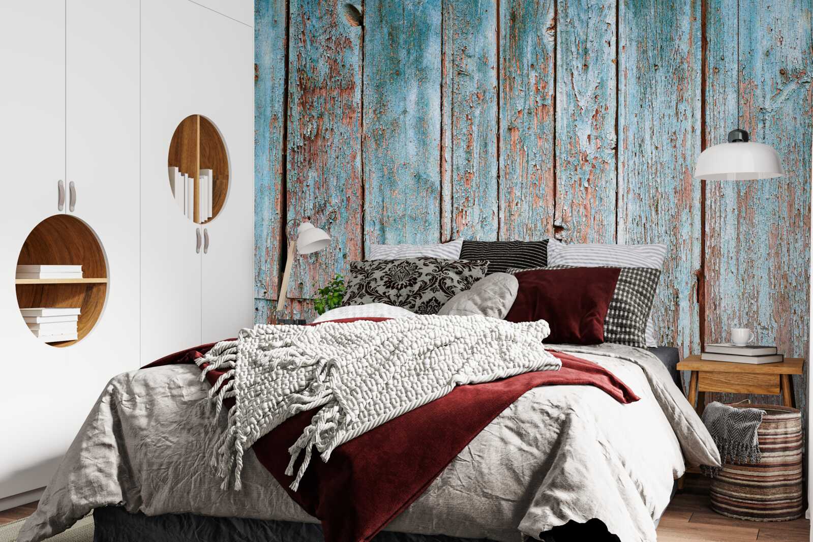 Fototapeta tło wykonane ze starych belek w odcieniach szarości i błękitu