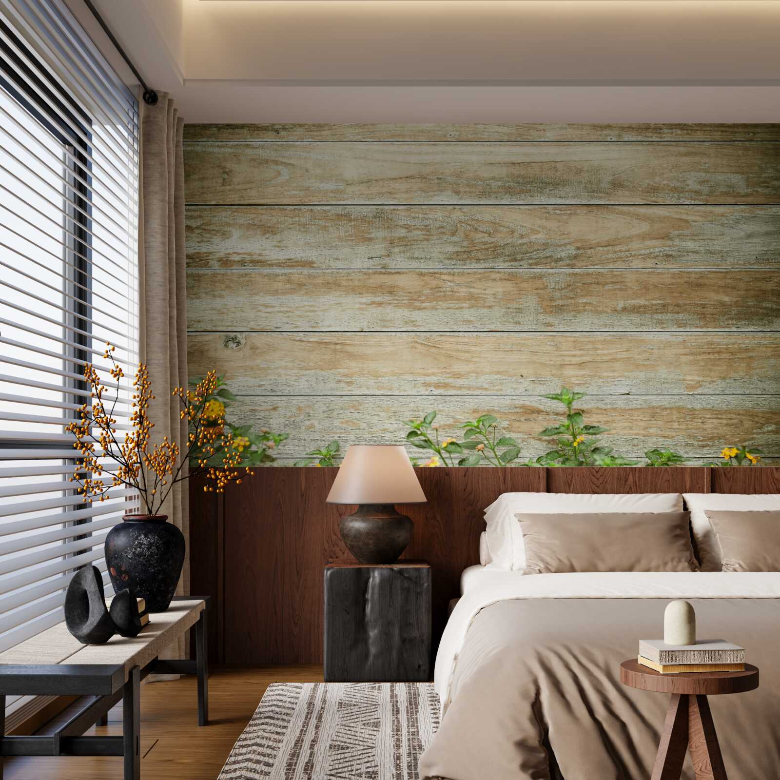 Fototapeta na tle parkietu w otoczeniu zieleni widnieją żółte kwiaty