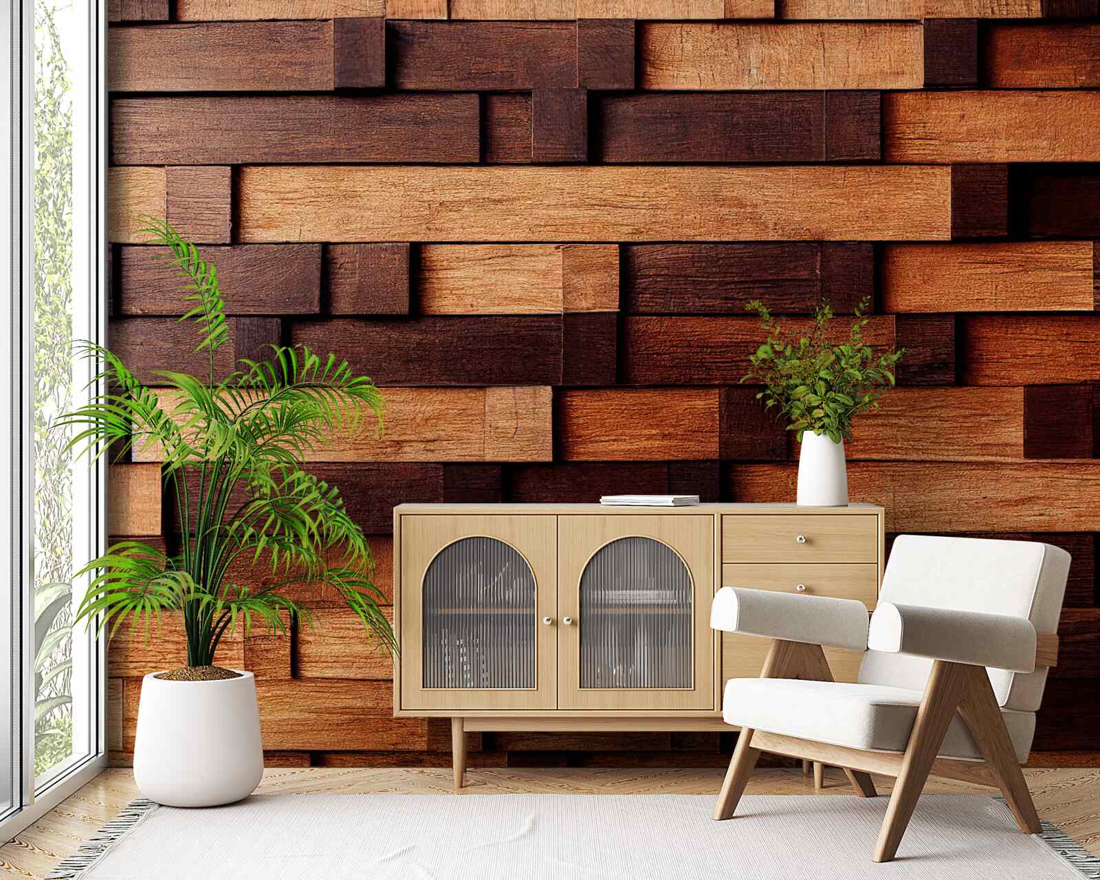 Fototapeta Ściana zmontowana z drewnianych belek w odcieniach ciemnobrązowego i jasnobrązowego