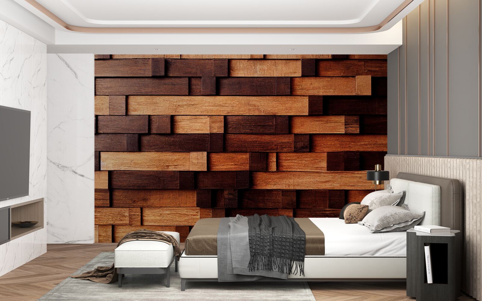 Fototapeta Ściana zmontowana z drewnianych belek w odcieniach ciemnobrązowego i jasnobrązowego