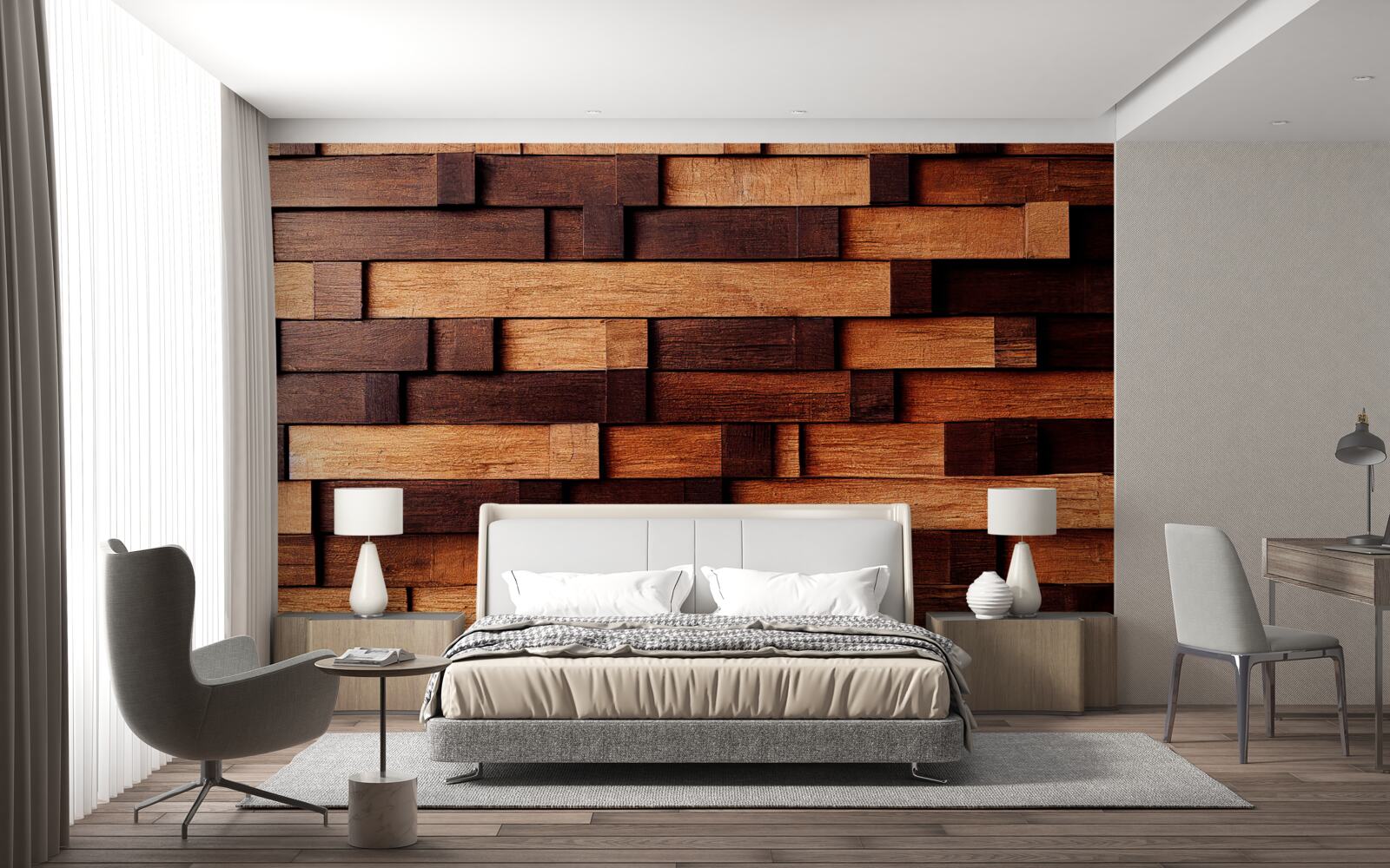 Fototapeta Ściana zmontowana z drewnianych belek w odcieniach ciemnobrązowego i jasnobrązowego