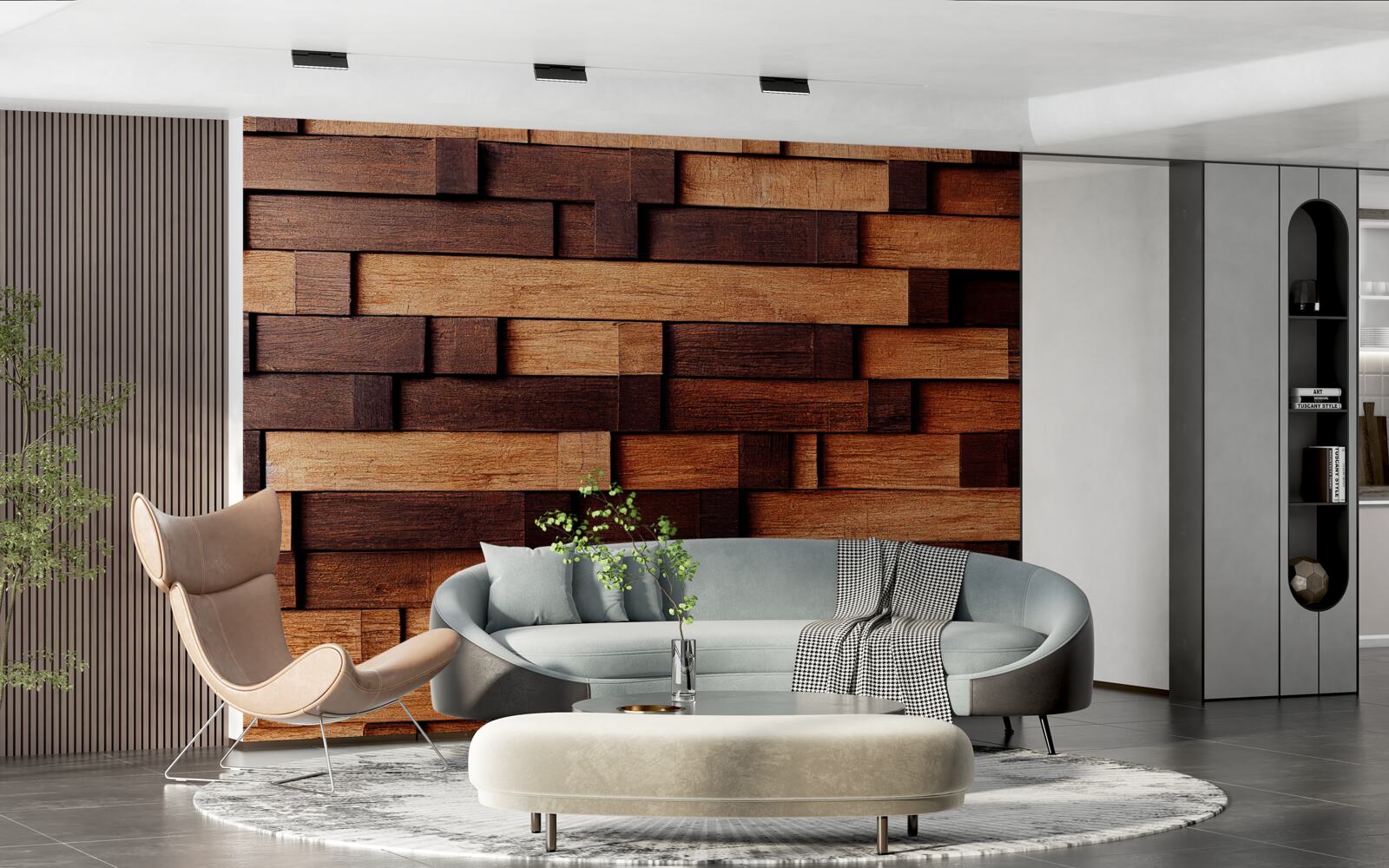 Fototapeta Ściana zmontowana z drewnianych belek w odcieniach ciemnobrązowego i jasnobrązowego