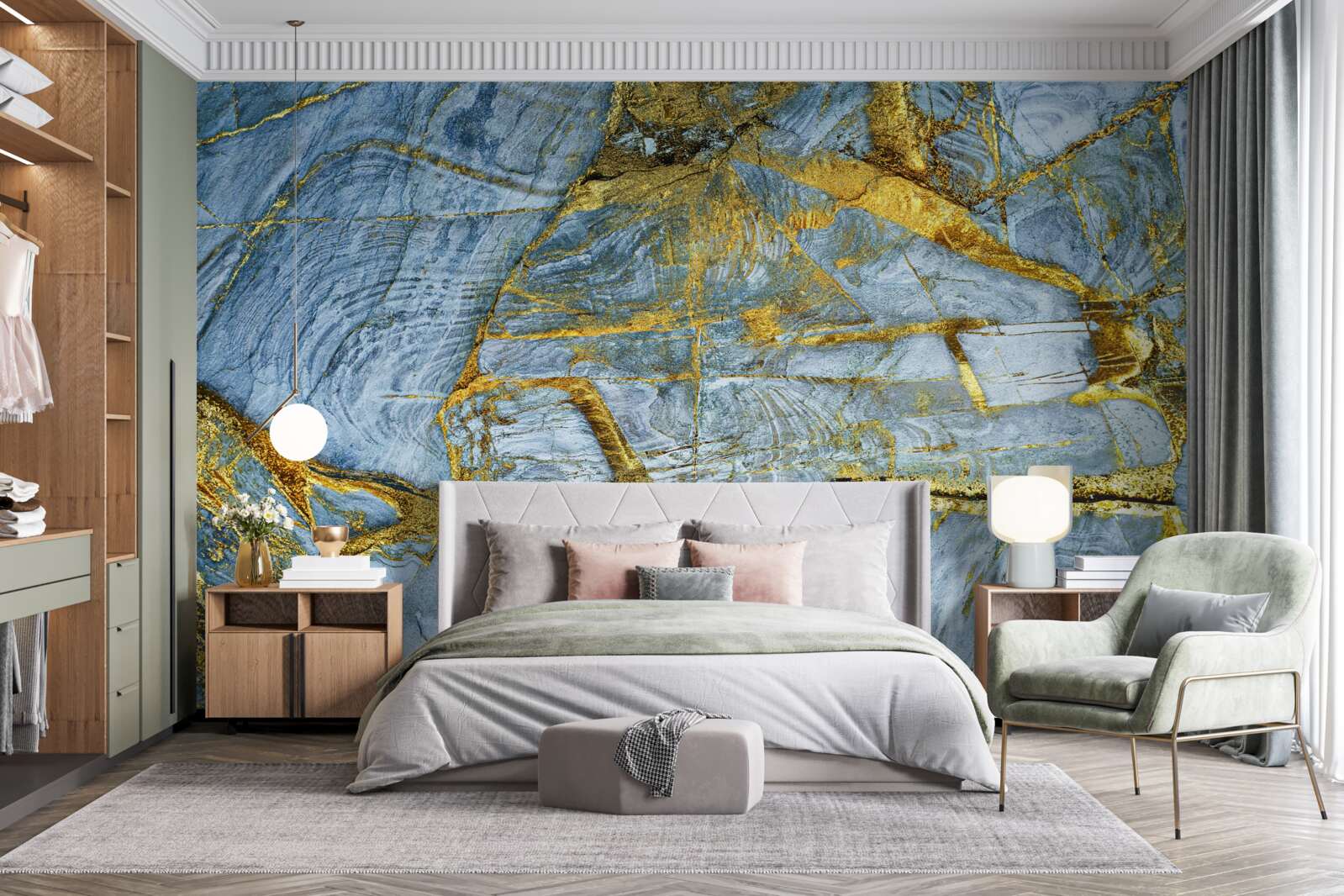 Fototapeta cięcie ze złotymi odcieniami na niebieskim tle