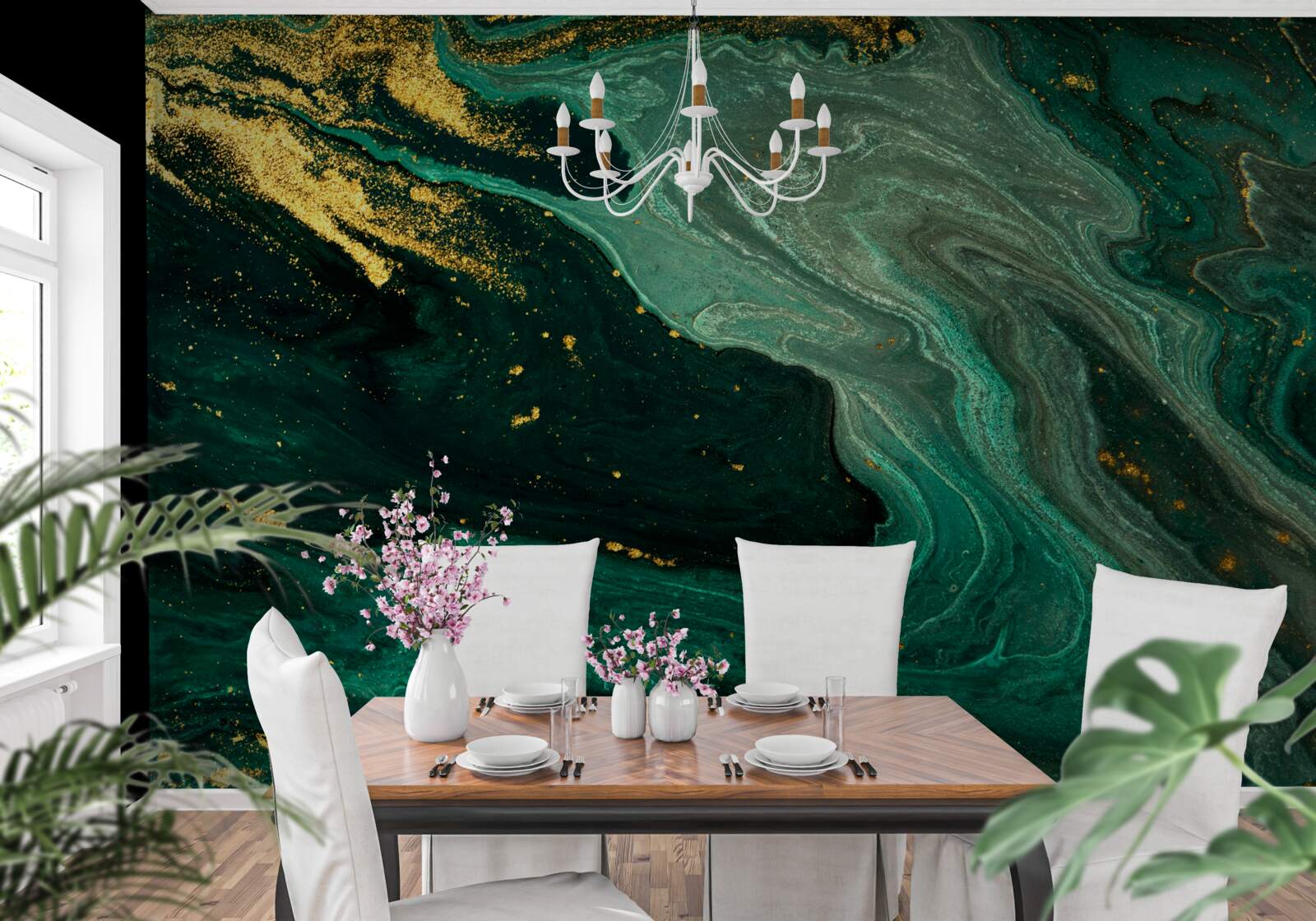 Fototapeta złote wzory na szmaragdowym tle