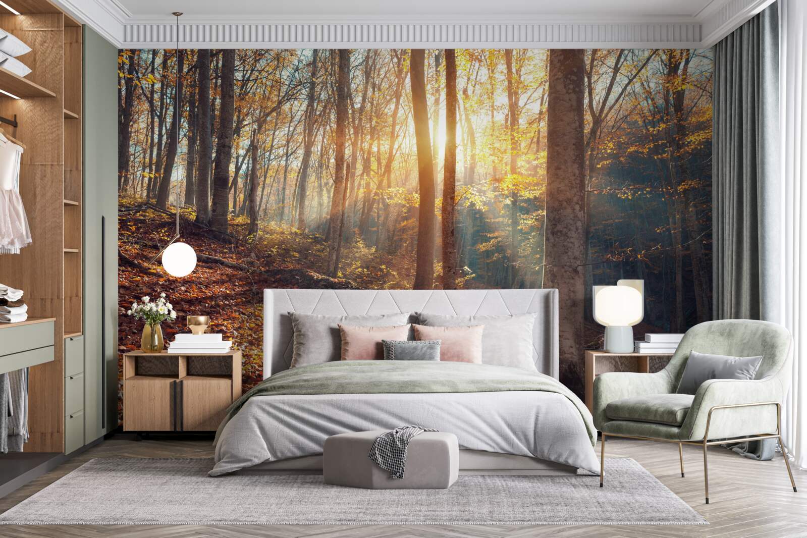 Fototapeta poranny las spowity mgłą doświadcza ciepła słońca