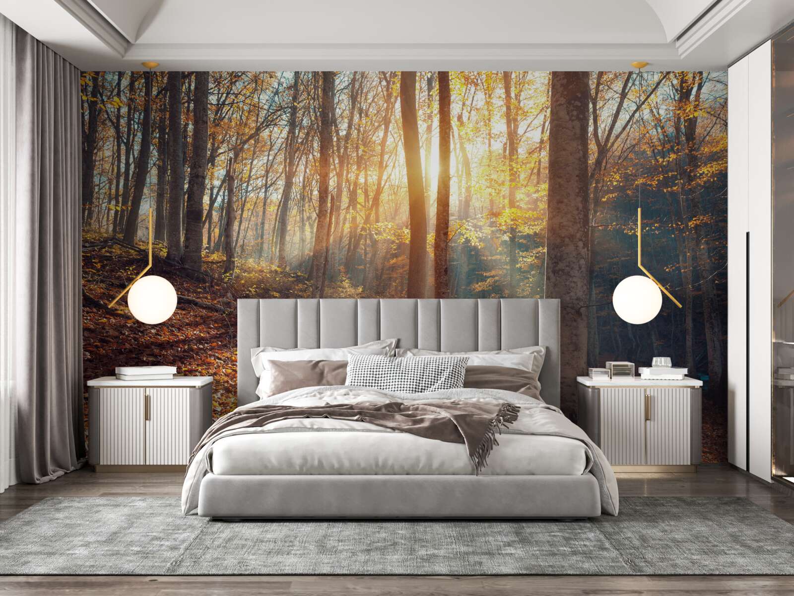 Fototapeta poranny las spowity mgłą doświadcza ciepła słońca