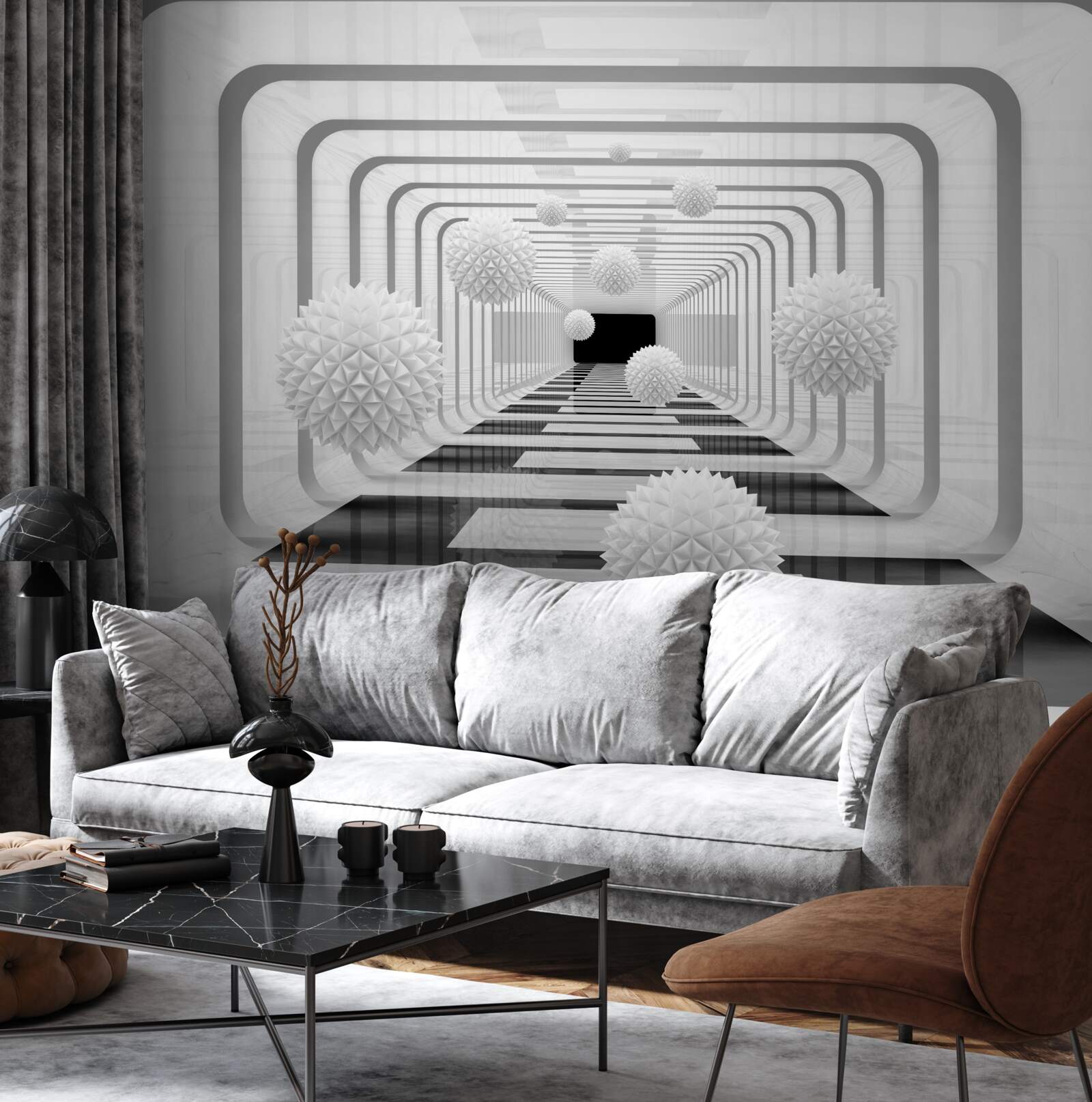 Fototapeta nieskończoność z półkolami i alabastrowymi kulami