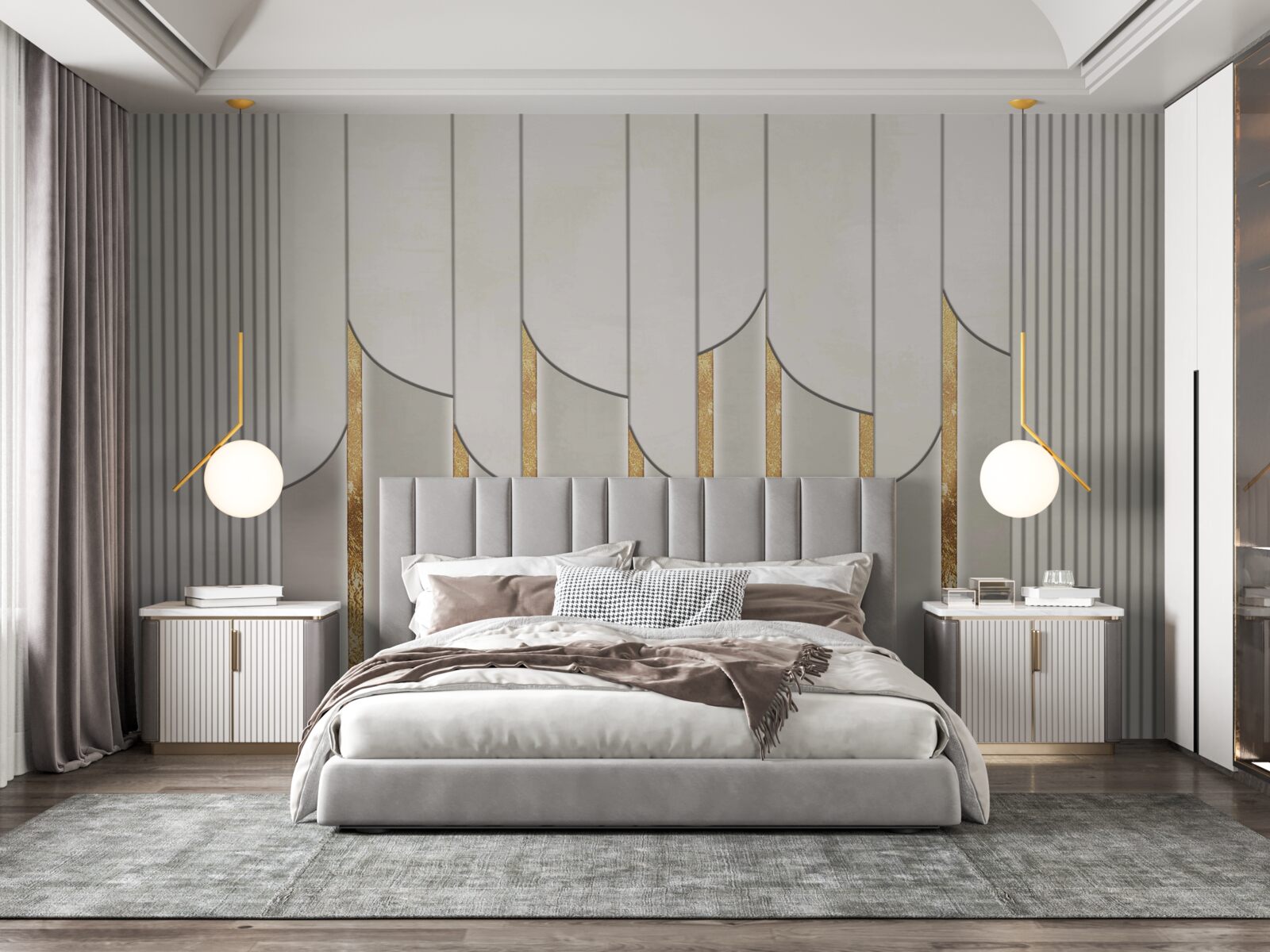 Fototapeta parkiet zdobiony złotem, wykonany z białych i szarych płyt drewnianych