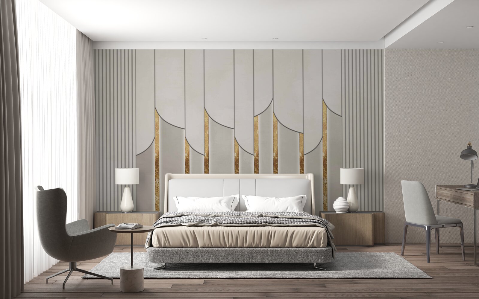 Fototapeta parkiet zdobiony złotem, wykonany z białych i szarych płyt drewnianych