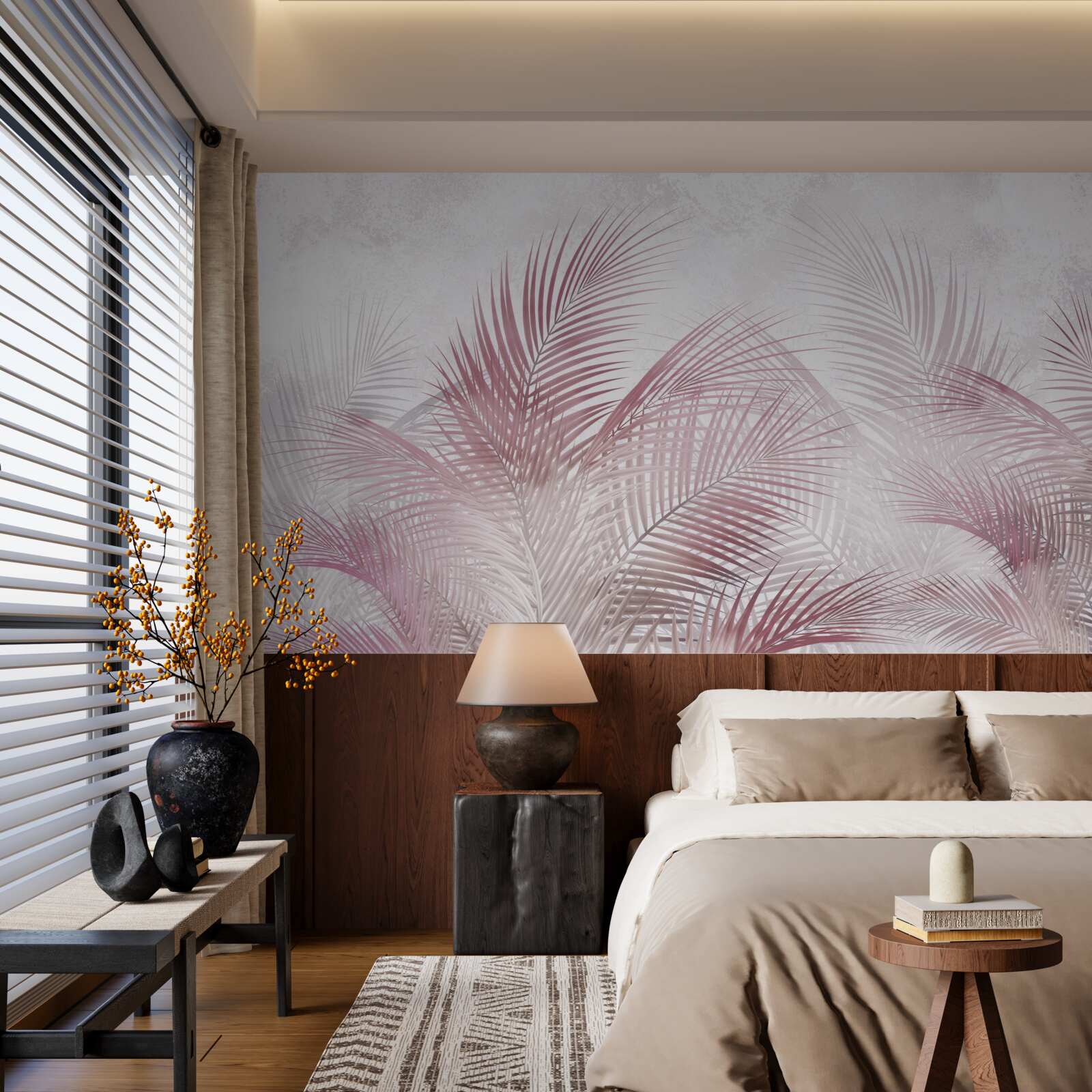 Fototapeta mgliste, różowe liście palm