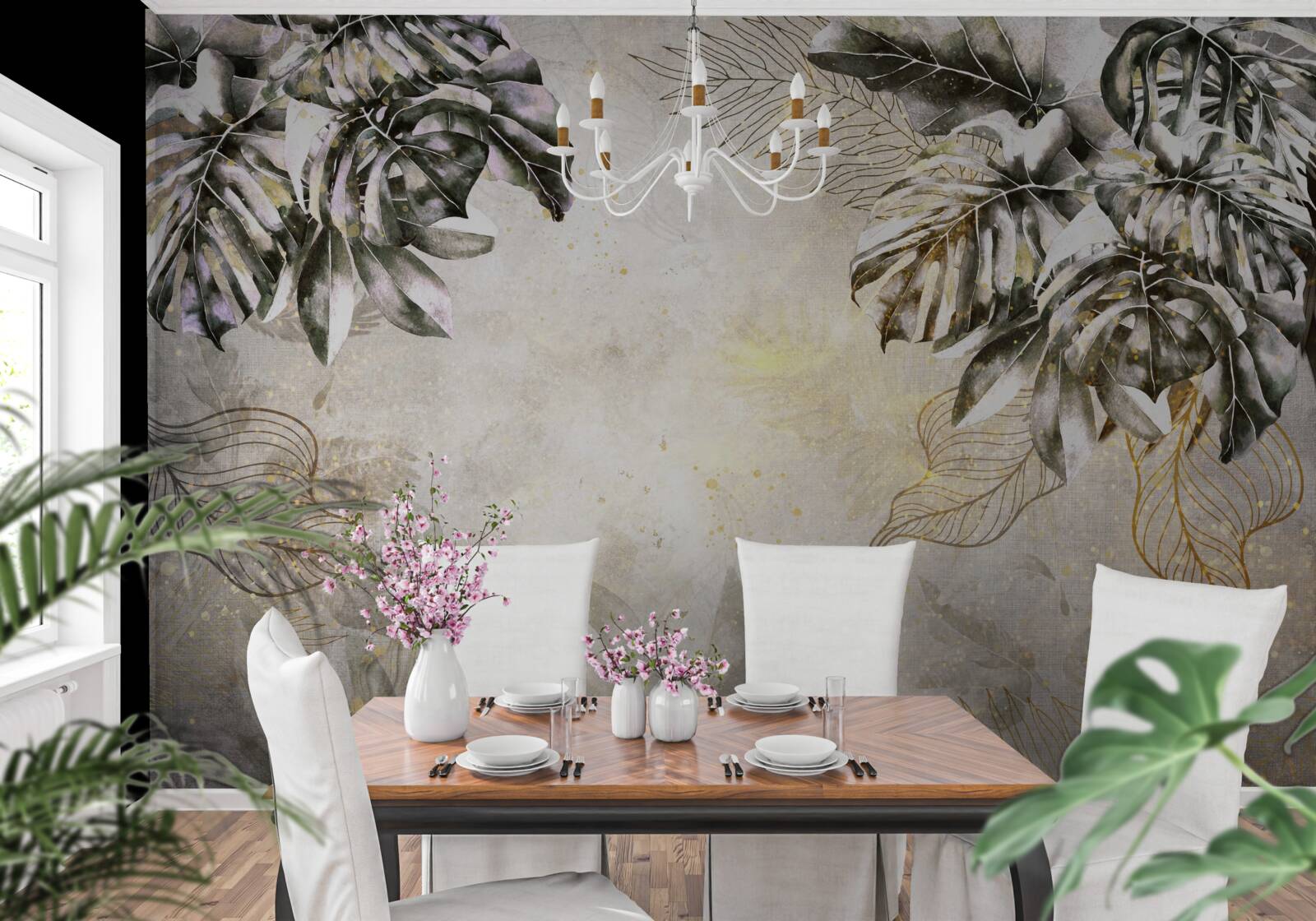 Fototapeta jesienna kompozycja zawiera duże liście monstery