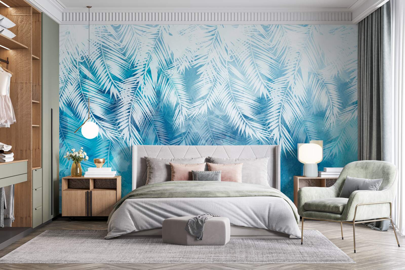 Fototapeta liście białej paproci na zimowym tle