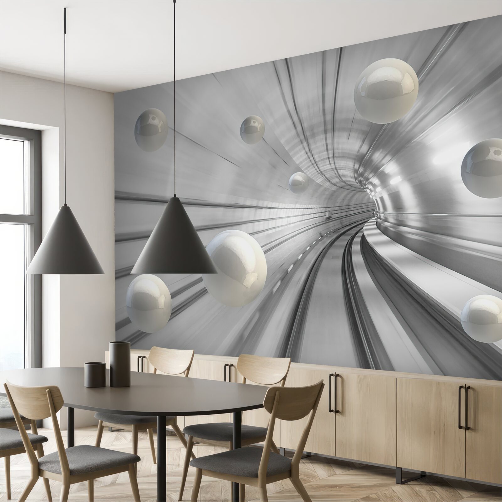 Fototapeta przejście śnieżnobiałych kul zawieszonych w powietrzu