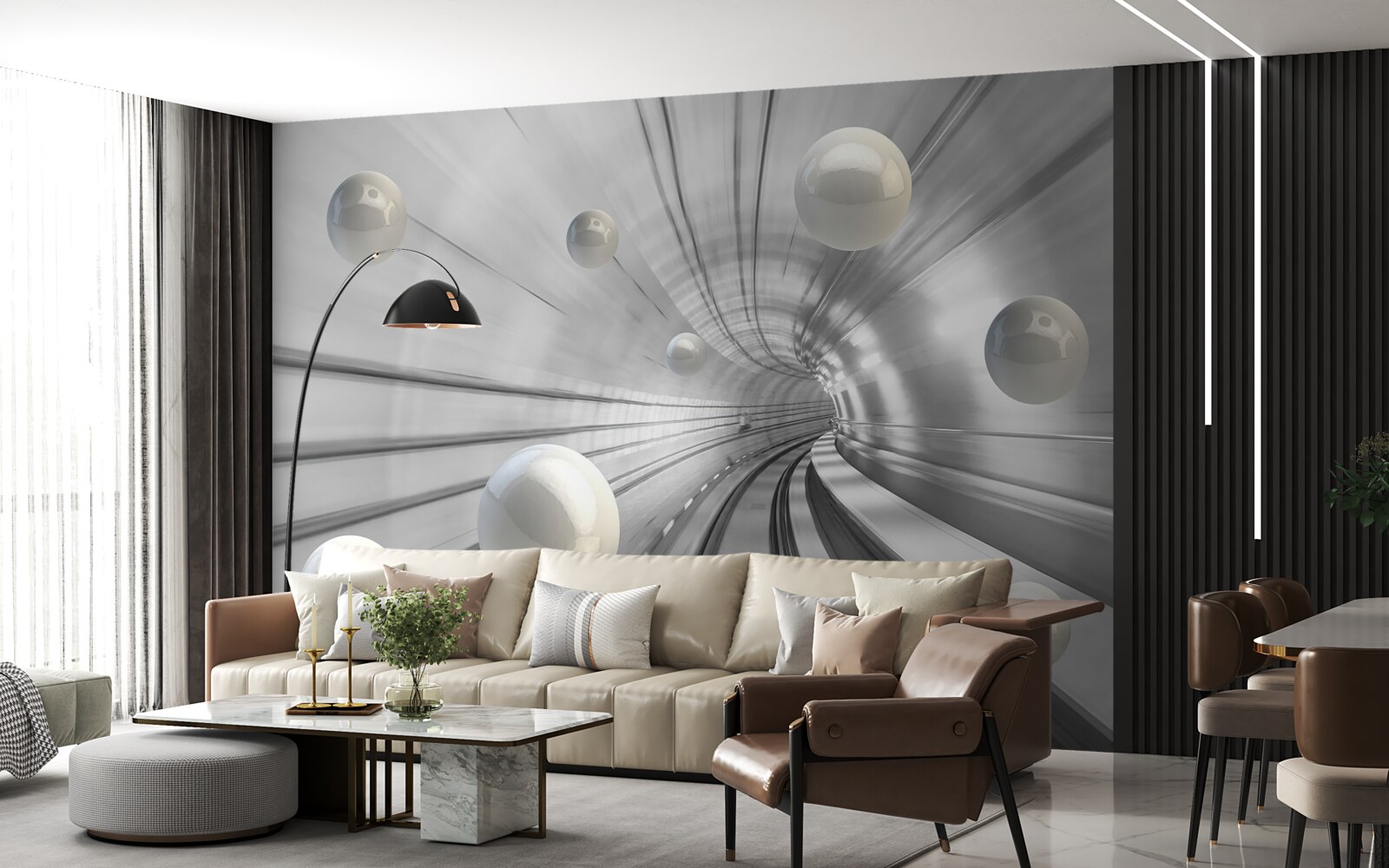 Fototapeta przejście śnieżnobiałych kul zawieszonych w powietrzu