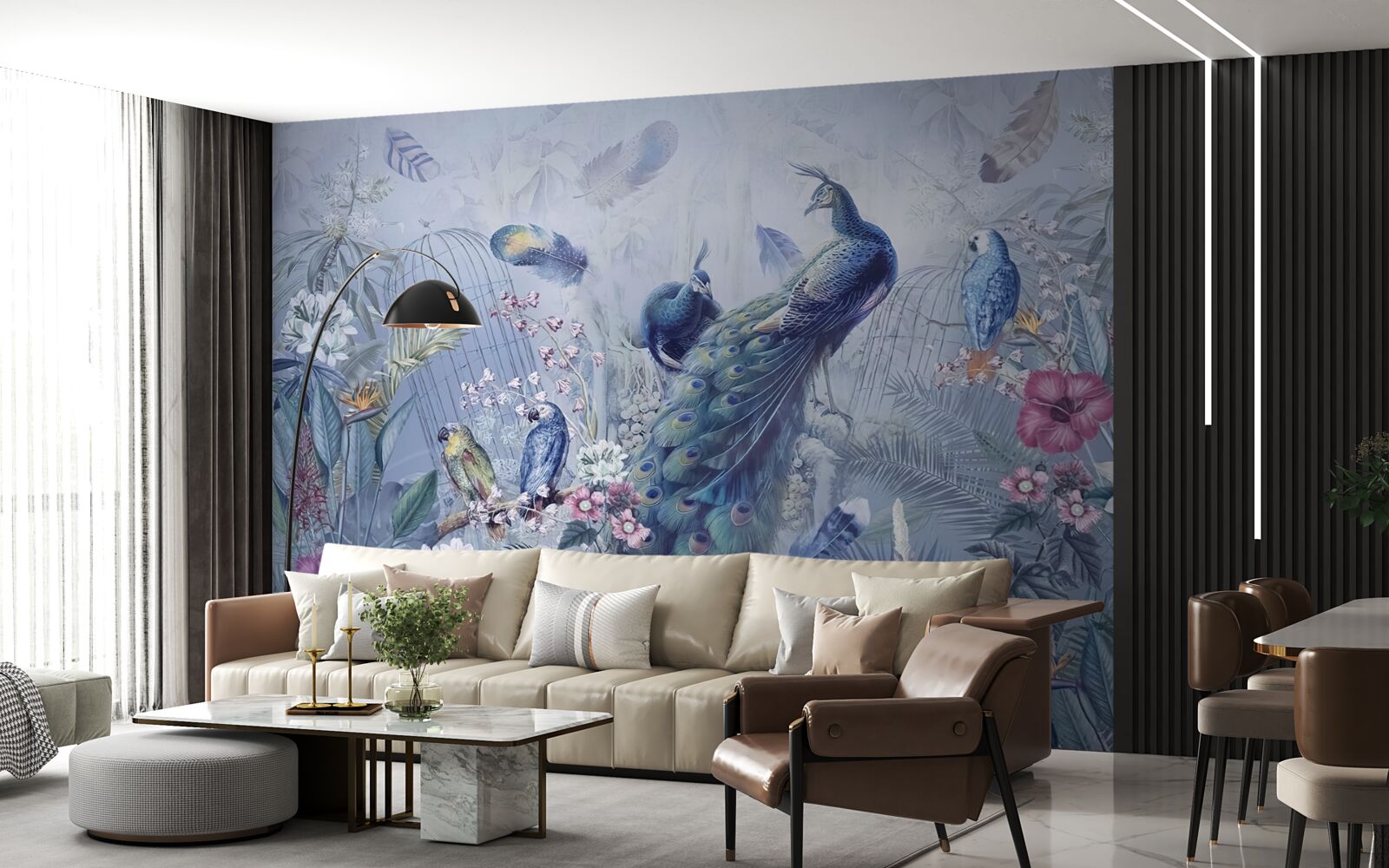 Fototapeta papugi i paw w zamieszaniu kwiatów w ogrodzie