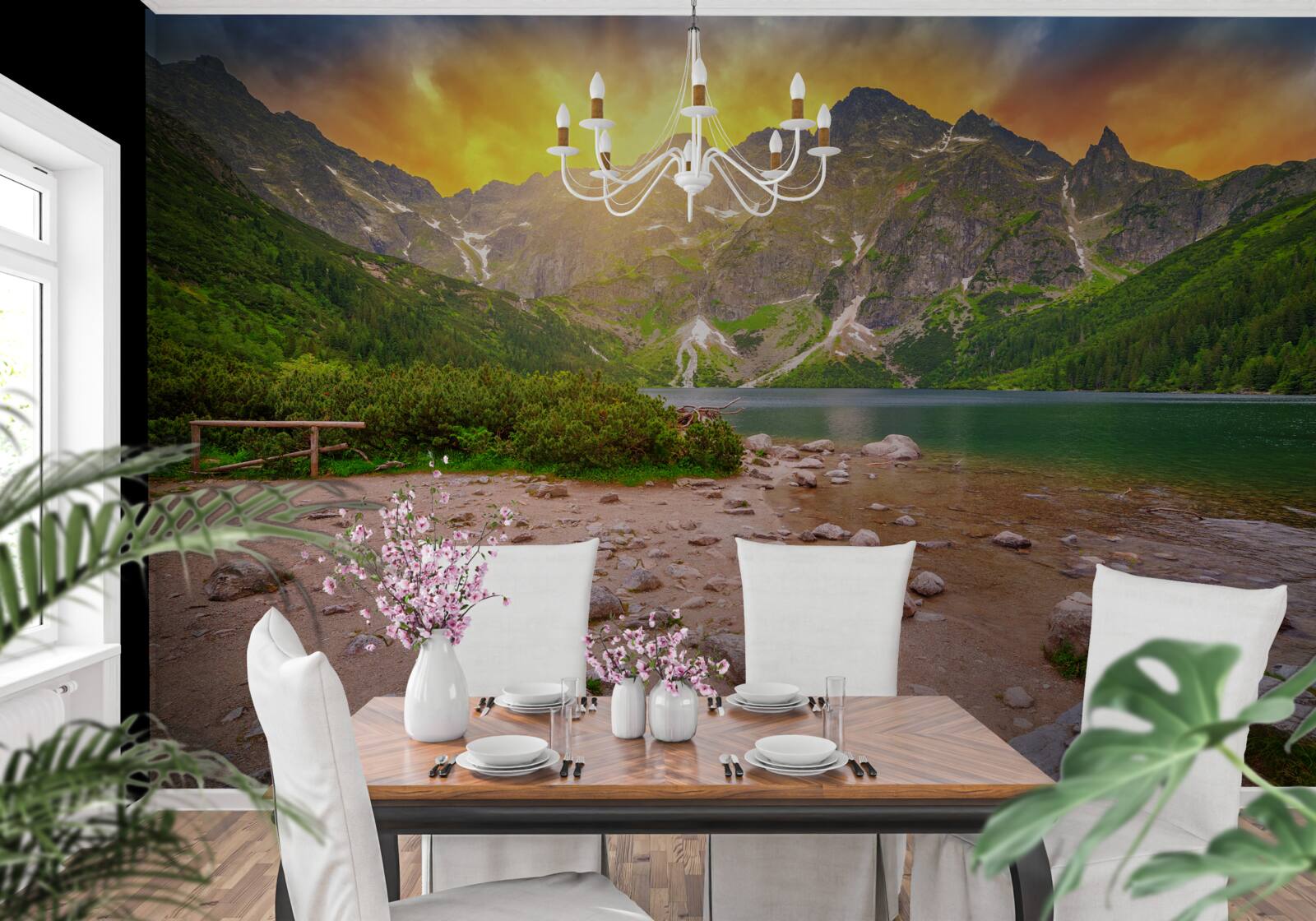 Fototapeta zachodzące słońce schodzące za jeziorem w tatrach