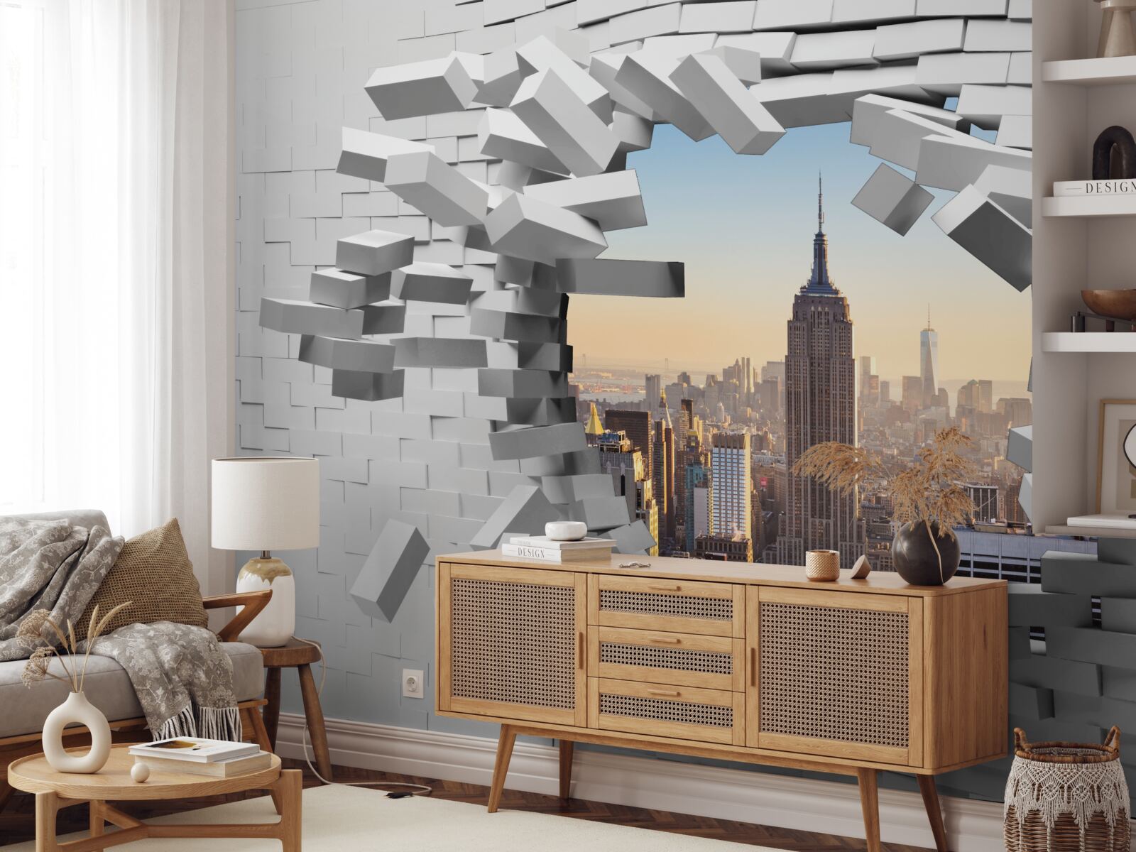 Fototapeta patrząc przez zniszczoną ścianę empire state building