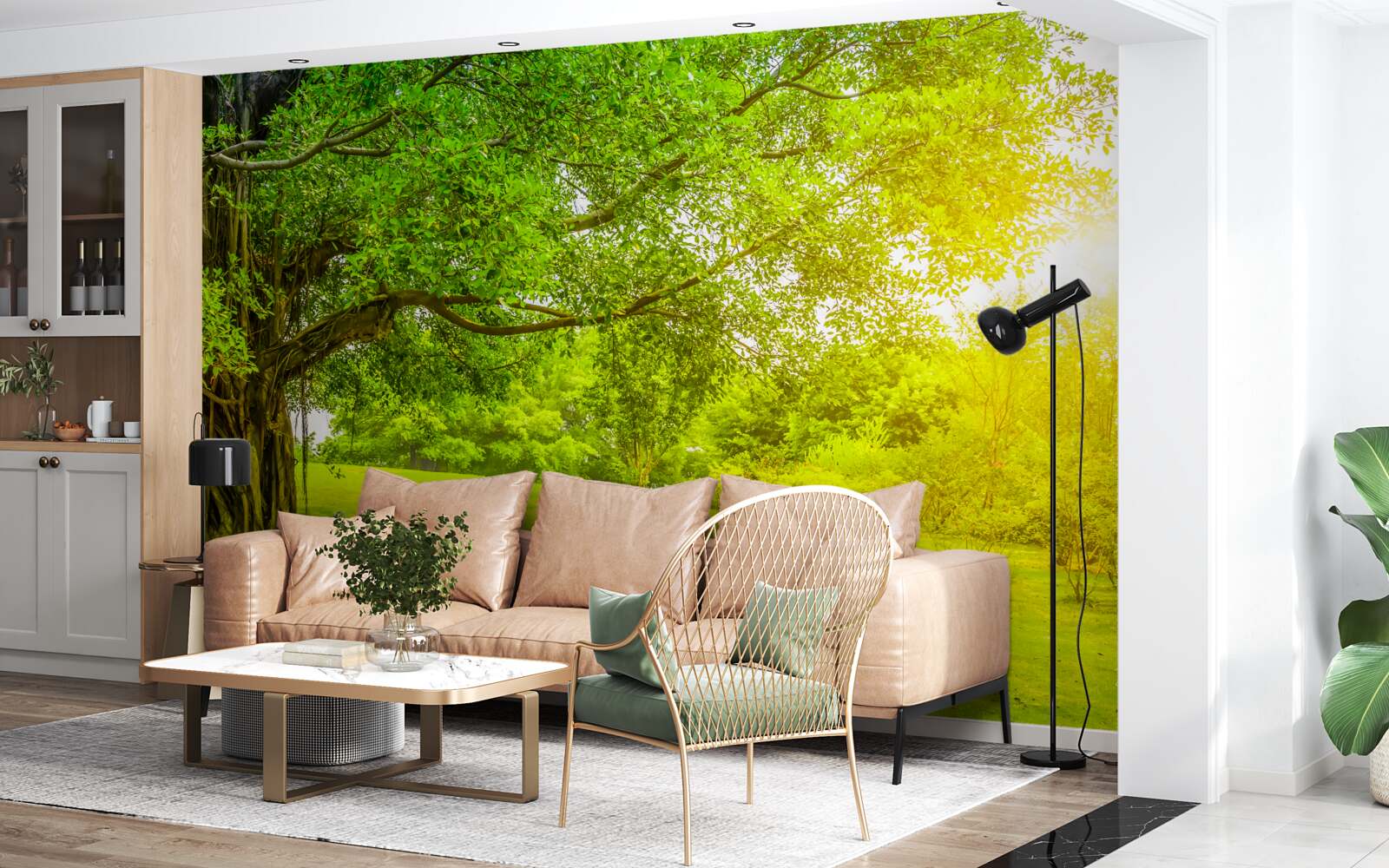 Fototapeta jasna polana, oświetlona słońcem i zauważalna dzięki zielonemu kolorowi