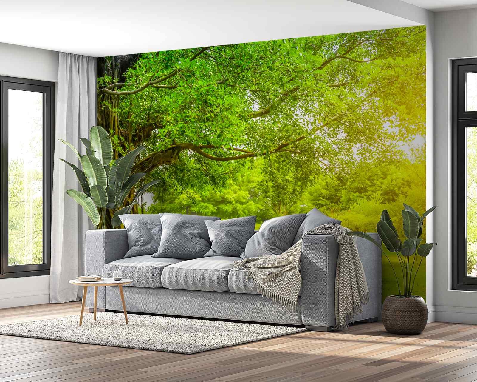 Fototapeta jasna polana, oświetlona słońcem i zauważalna dzięki zielonemu kolorowi