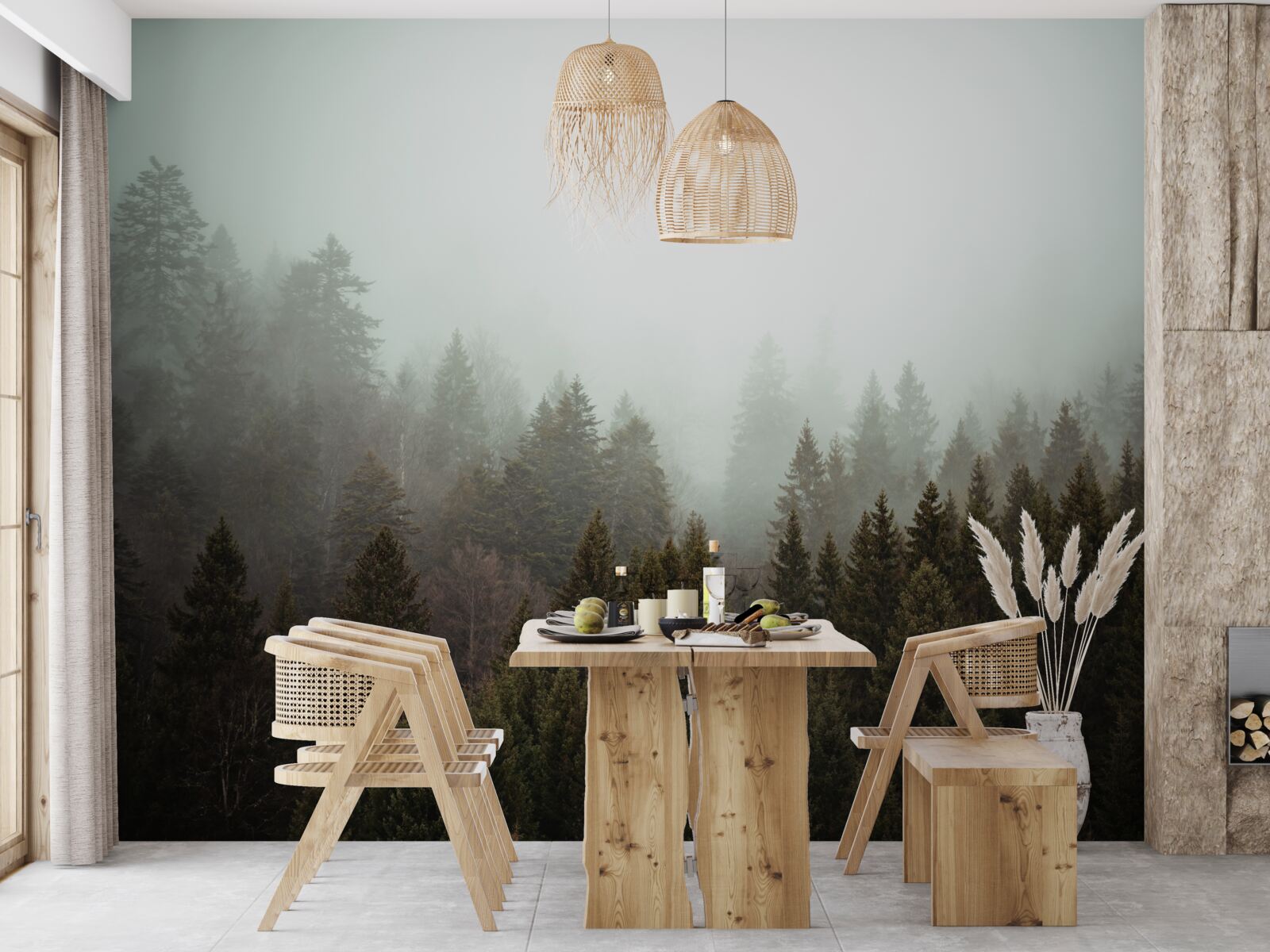 Fototapeta jasny wschód słońca wśród mglistego lasu iglastego