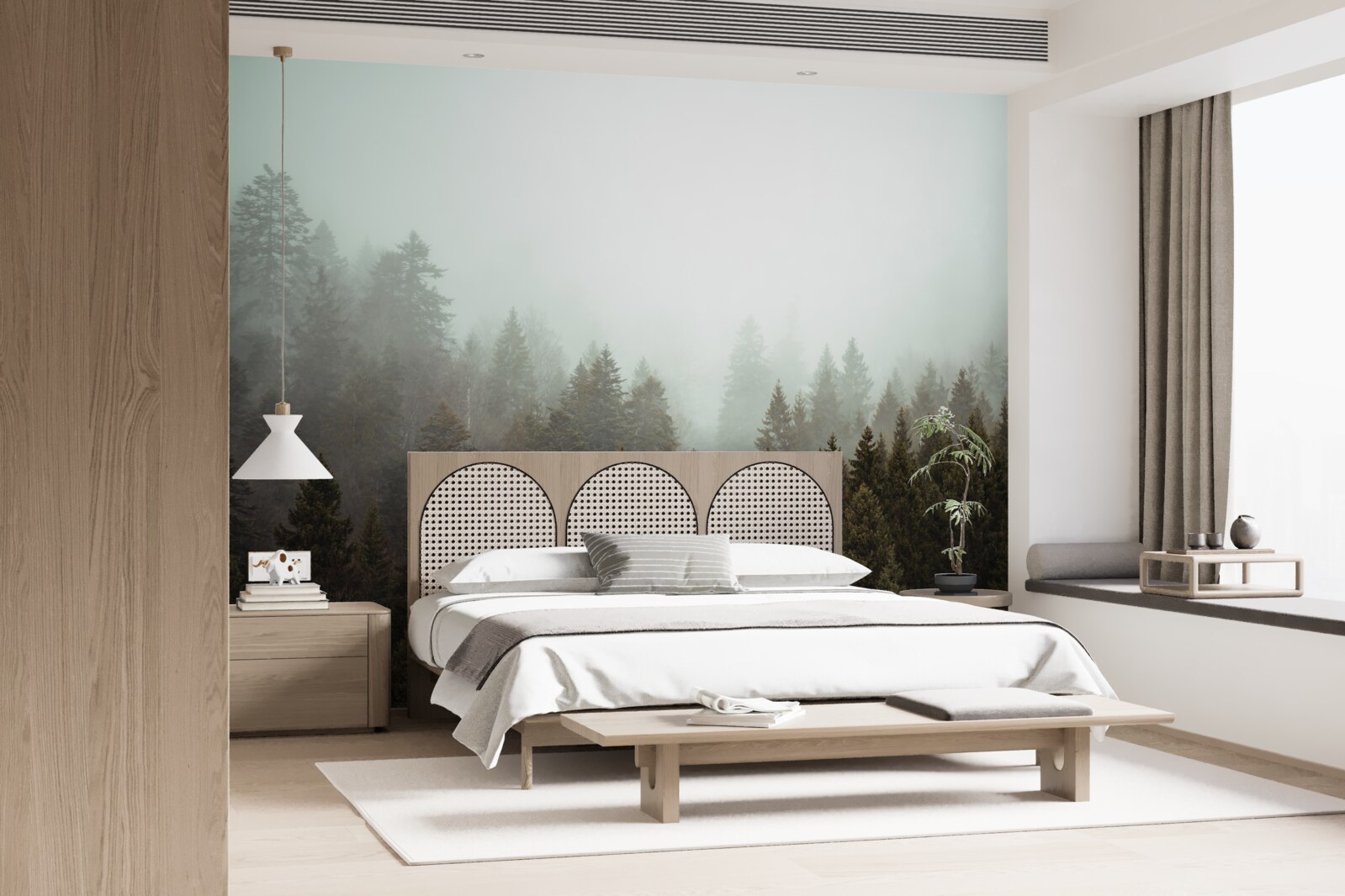 Fototapeta jasny wschód słońca wśród mglistego lasu iglastego