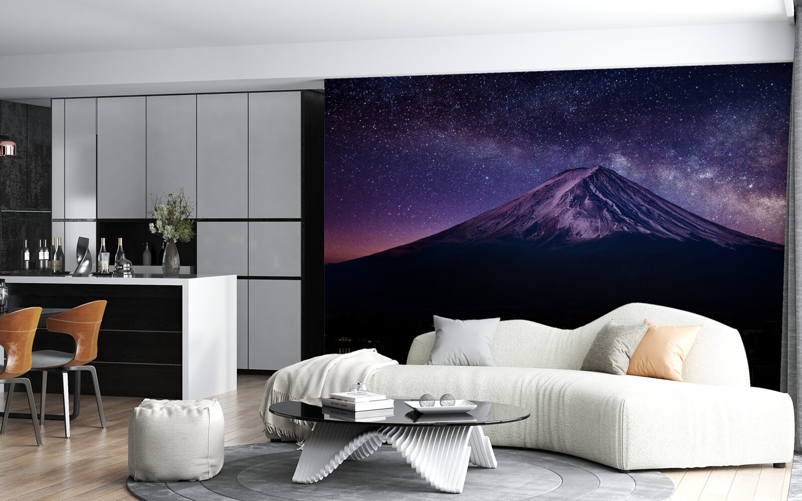 Fototapeta gwiaździste niebo o fioletowym odcieniu nad szczytem góry