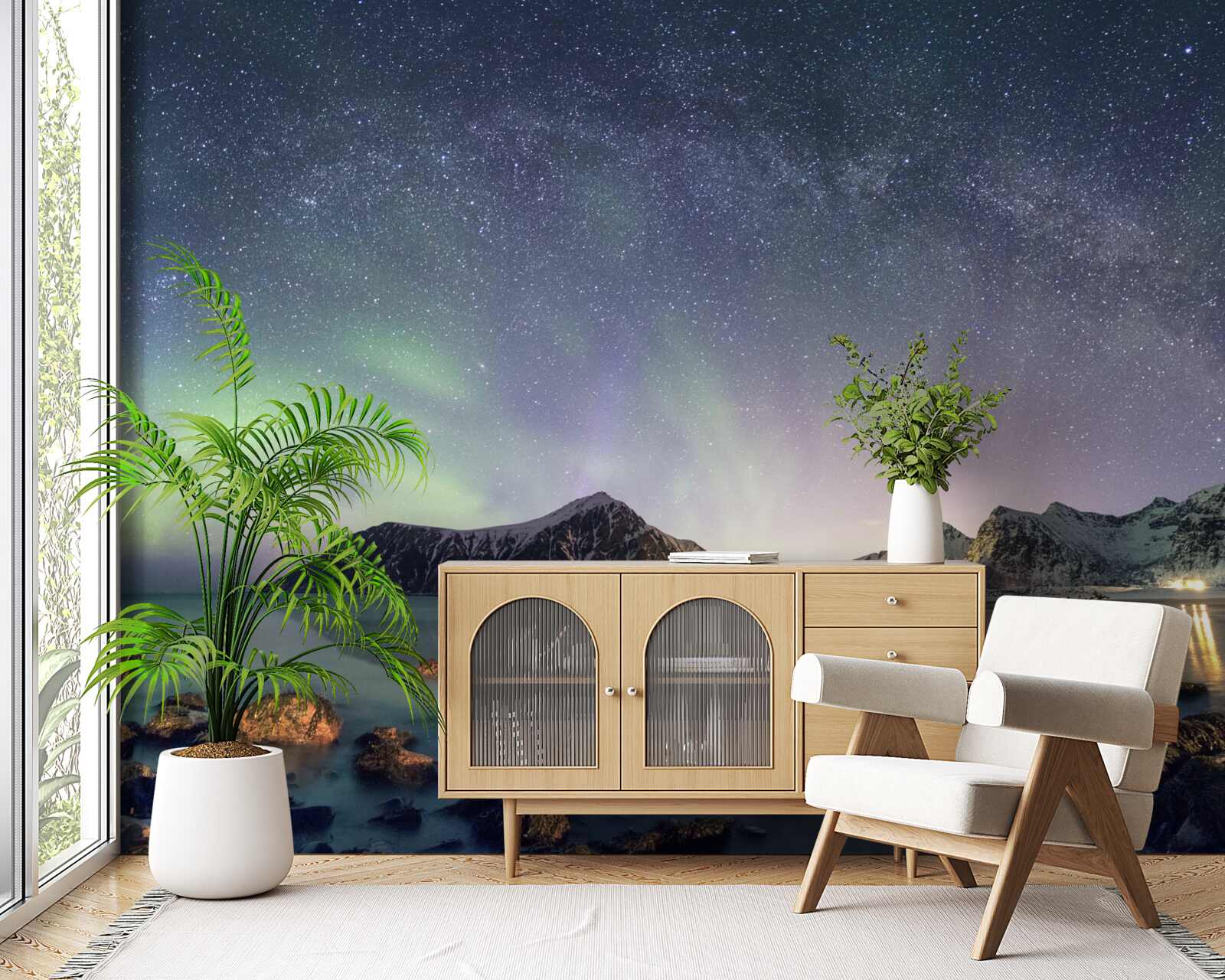 Fototapeta nocne niebo ozdobione gwiazdami i oświetlone zorzą polarną