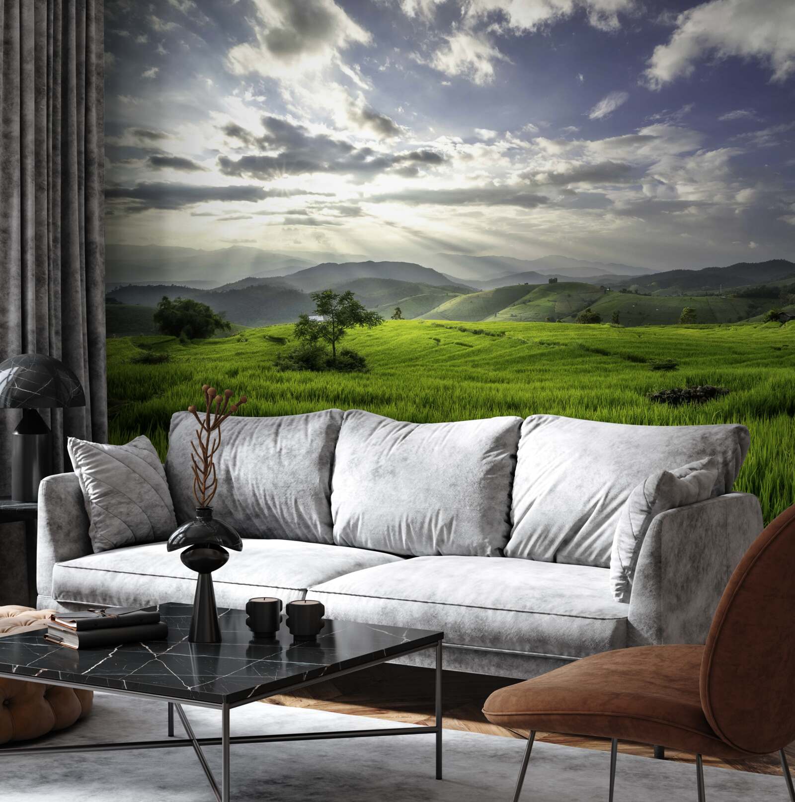 Fototapeta zanurzona w zieleni gór polana oświetlana jest promieniami słońca