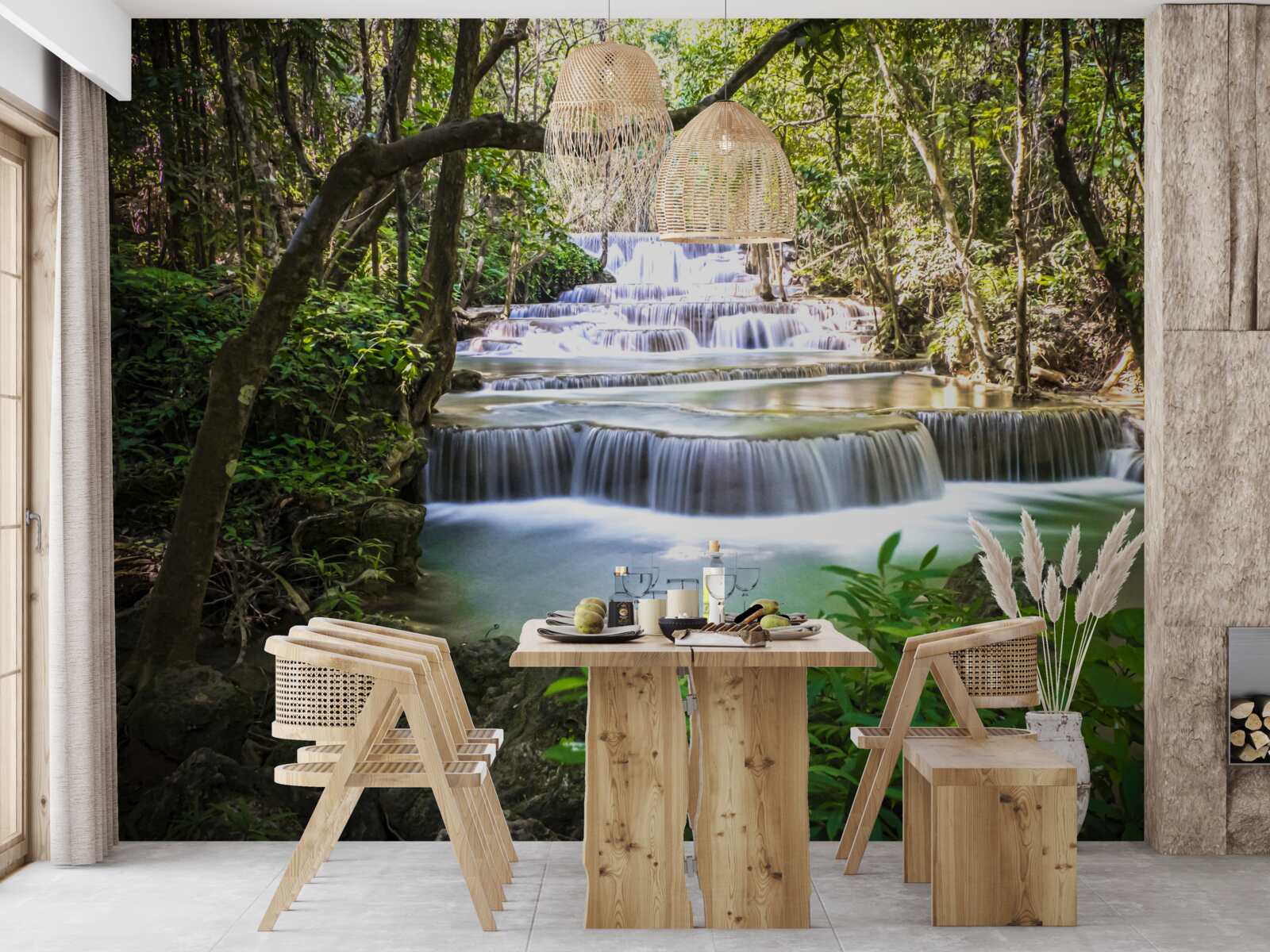 Fototapeta leśne wodospady spadające kaskadą o świcie