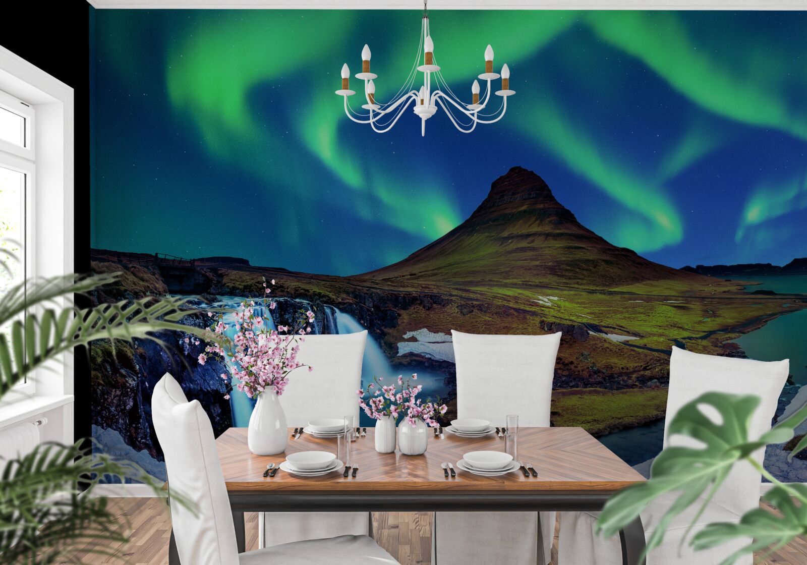 Fototapeta wodospad prezentuje oszałamiającą zorzę polarną