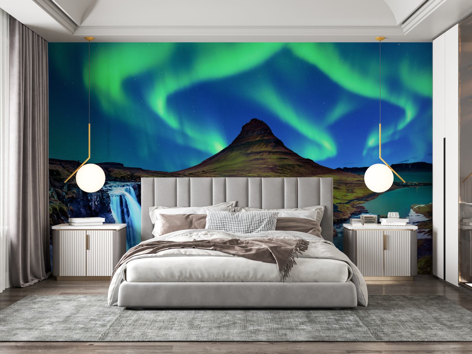 Fototapeta wodospad prezentuje oszałamiającą zorzę polarną