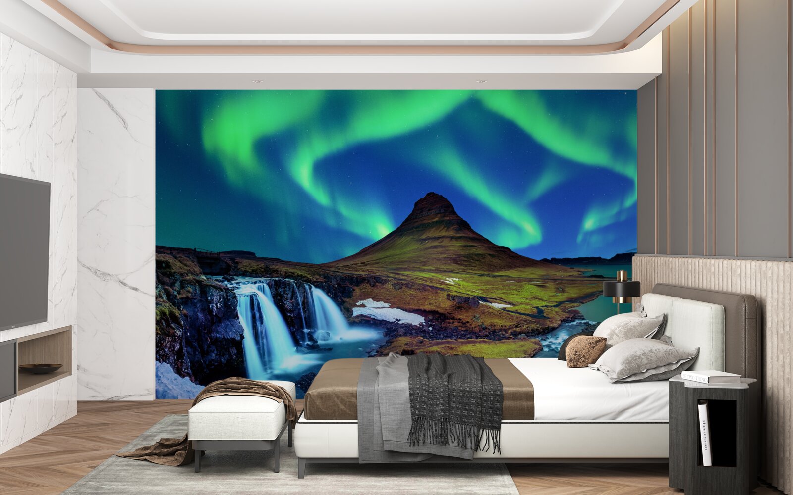 Fototapeta wodospad prezentuje oszałamiającą zorzę polarną