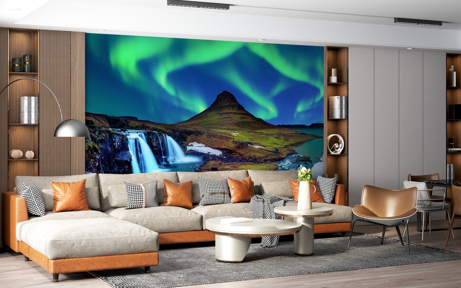 Fototapeta wodospad prezentuje oszałamiającą zorzę polarną