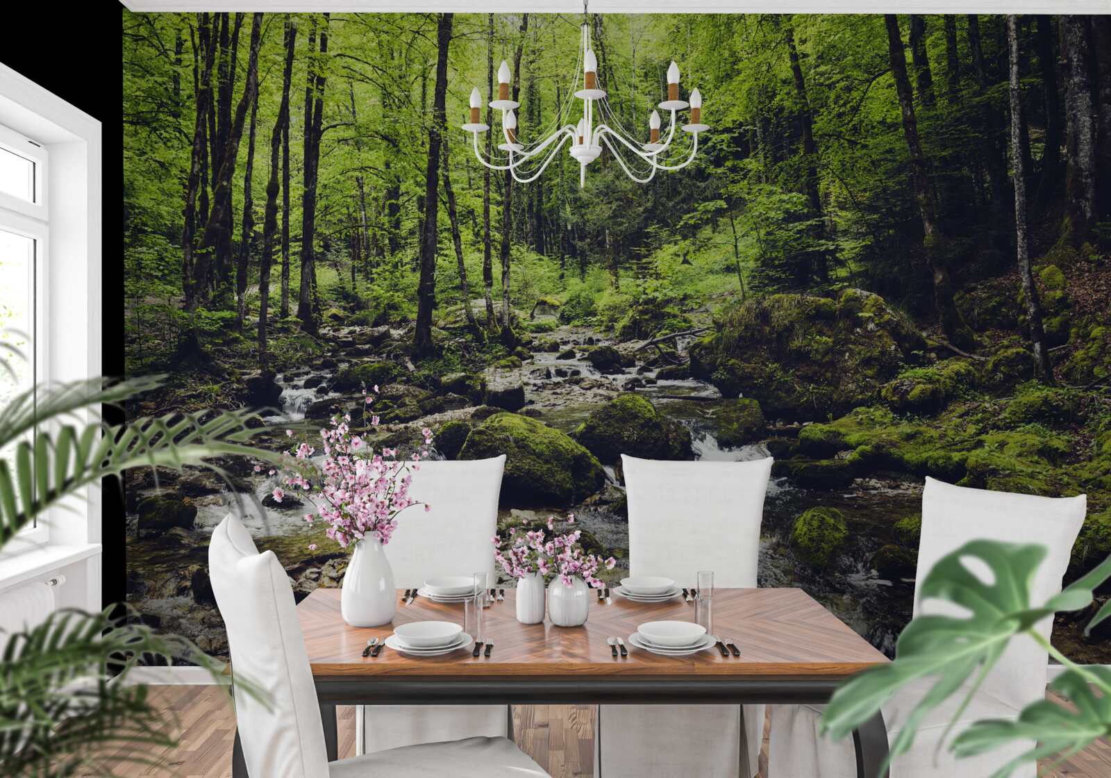 Fototapeta wodospad w górach, otoczony zielonym gajem