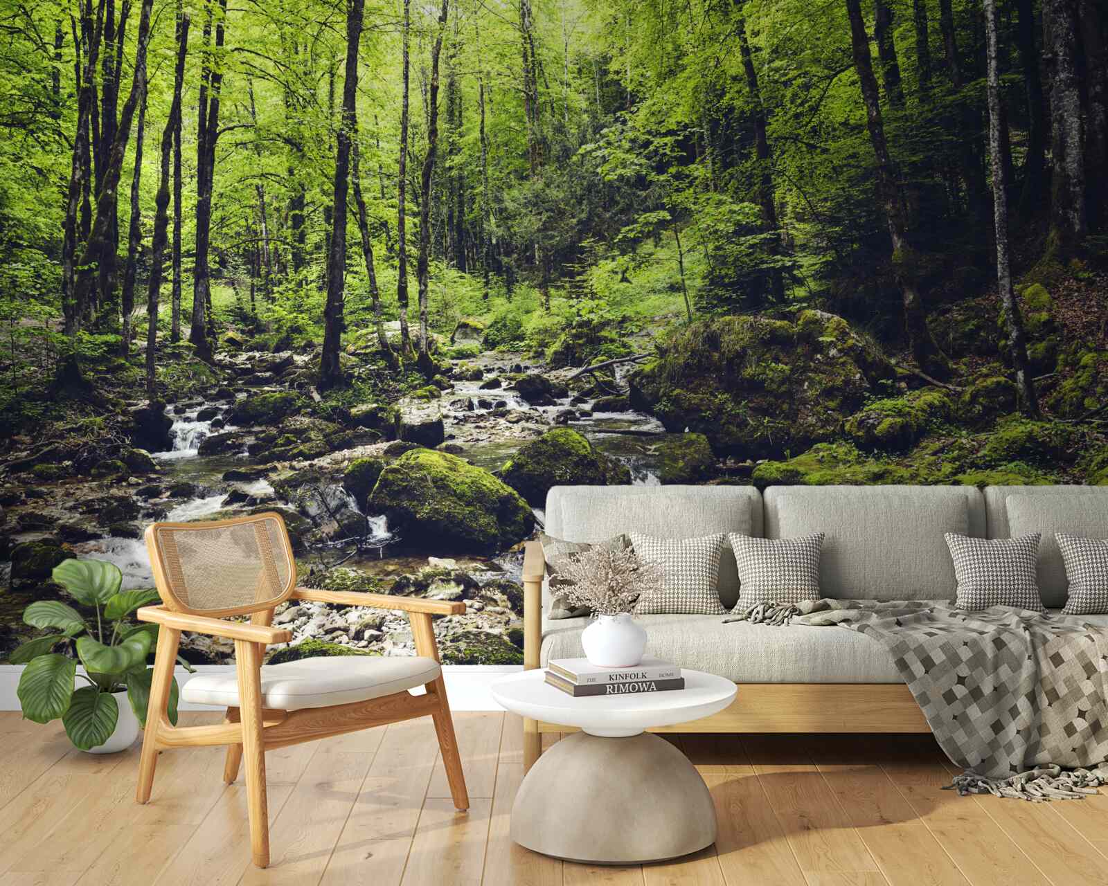 Fototapeta wodospad w górach, otoczony zielonym gajem